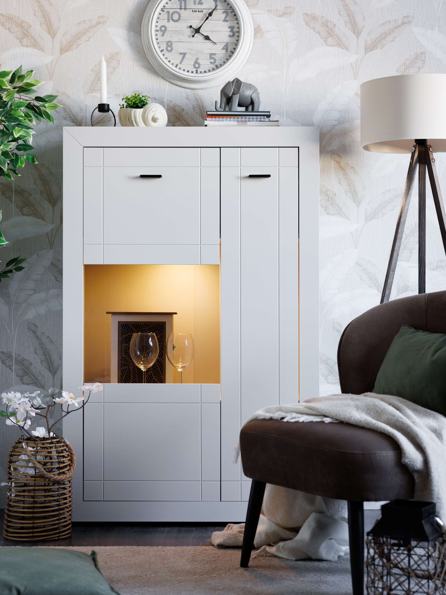 Home affaire Highboard »Warwick, Hochkommode, Vitrine, Glasvitrine, Kombi-Highboard« Modernes Highboard: Kaschmir-Dekor, 2 Türen, Heißfolienprägung