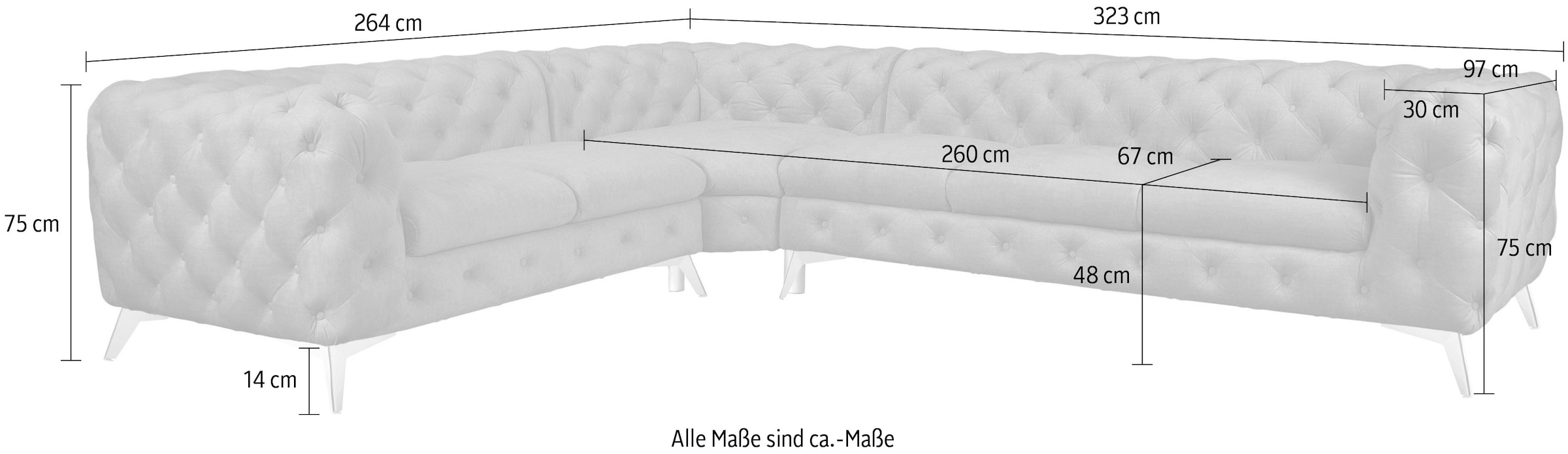 Leonique Chesterfield-Sofa »Ecksofa GLYNIS L-Form mit Wellenunterfederung, Maße B/T/H 323/264/75cm«, aufwändige Knopfheftung, moderne Chesterfield Optik, Fußfarbe wählbar