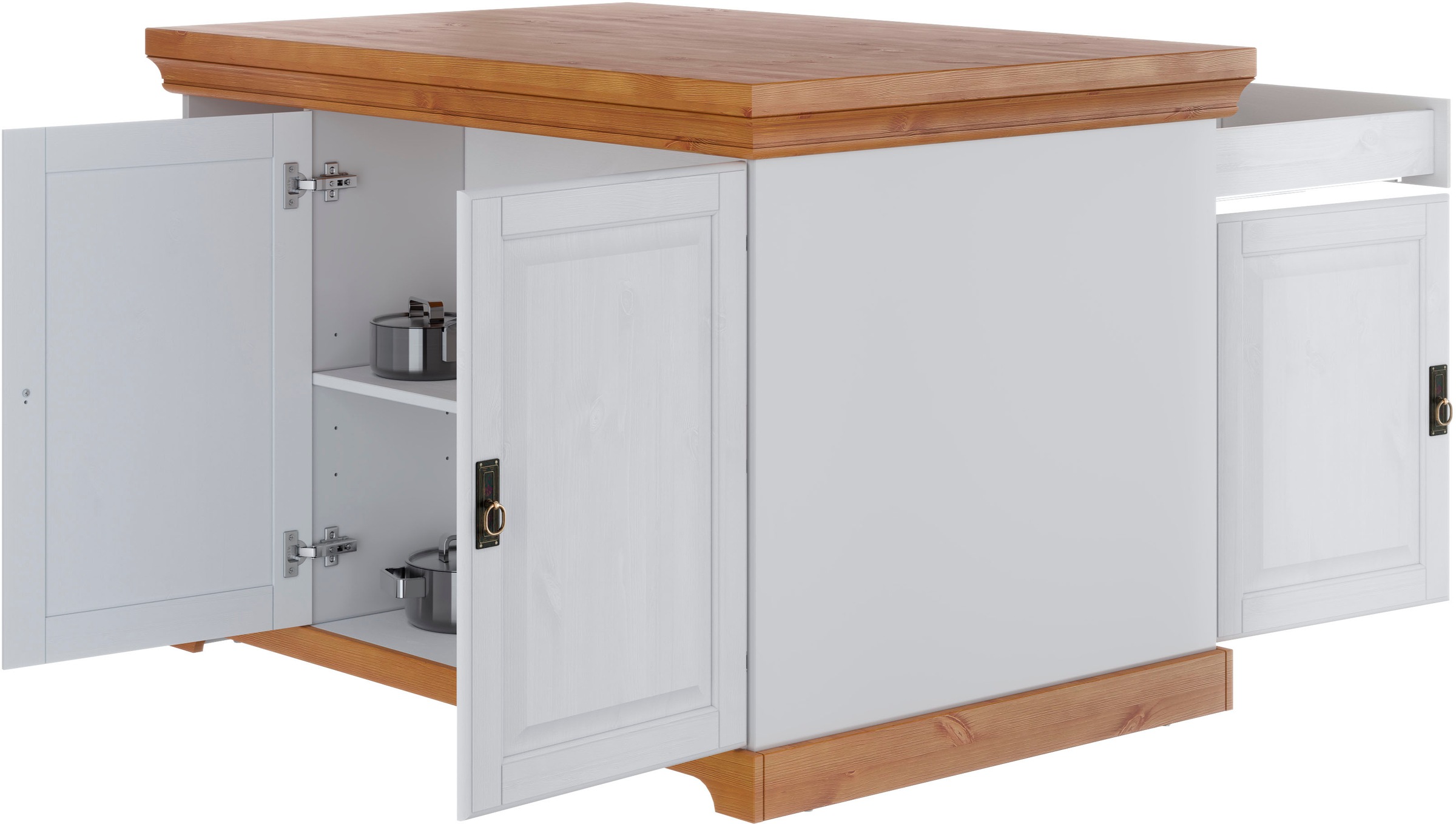 Home affaire Kücheninsel »Rügen«, Breite 130 cm, Kiefer massiv, mit Türen, Schubkästen, offenen Fächern