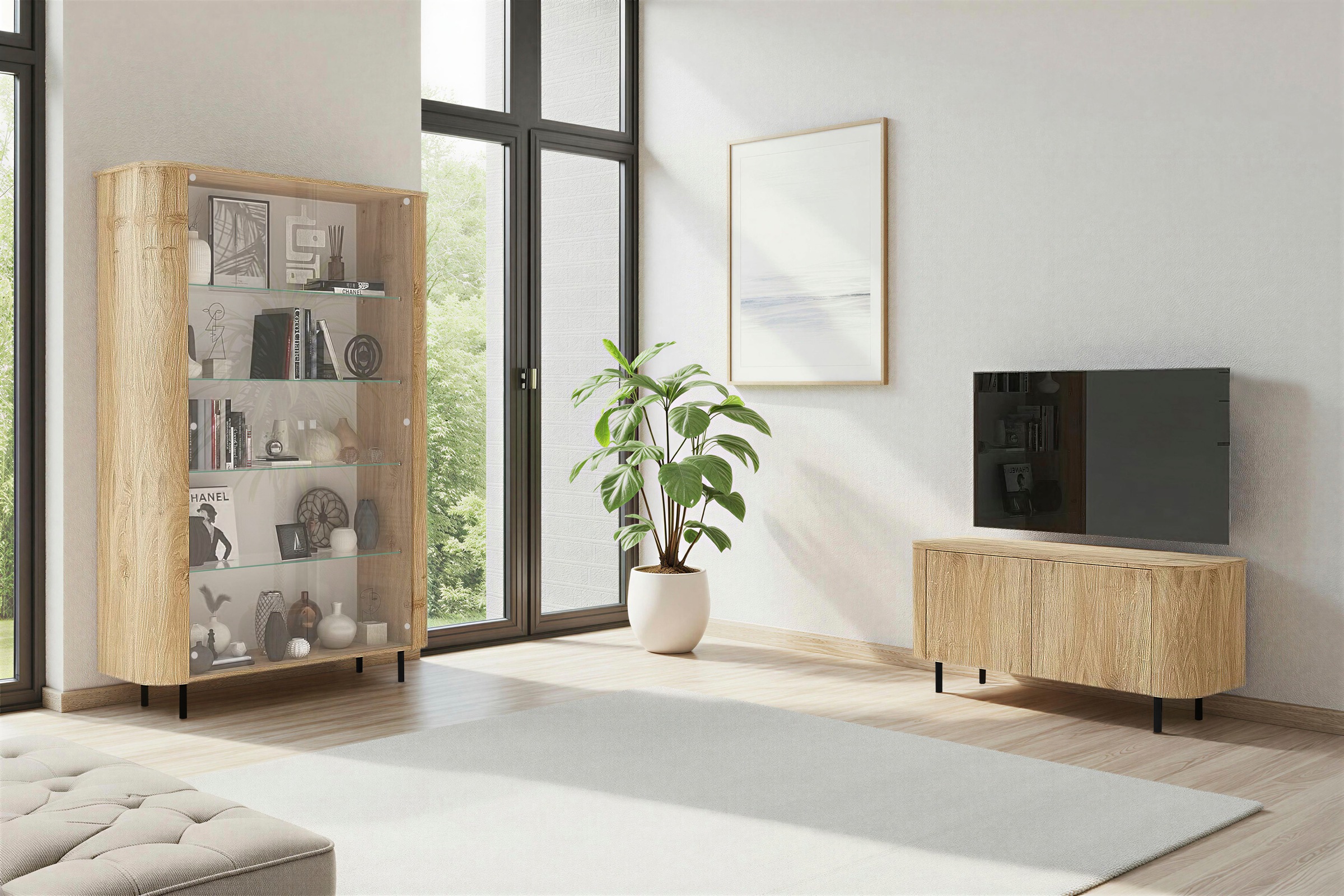 Home affaire Lowboard »Murano, 131 cm breit, 2 Türen, TV-Schrank, TV-Kommode, Medienboard« Formgebogenes MDF, Stirnseiten mit Rundung, Füße und Griffe aus Metall