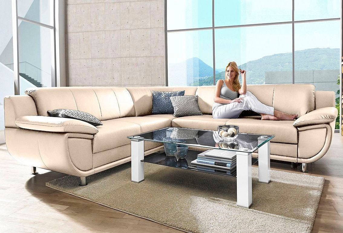 TRENDMANUFAKTUR Ecksofa »Rondo wahlweise mit Schlaffunktion, 267x247 cm (BxT), breite Armlehnen«, L-Form, wahlweise mit Federkern bestellbar, Füße chromfarben