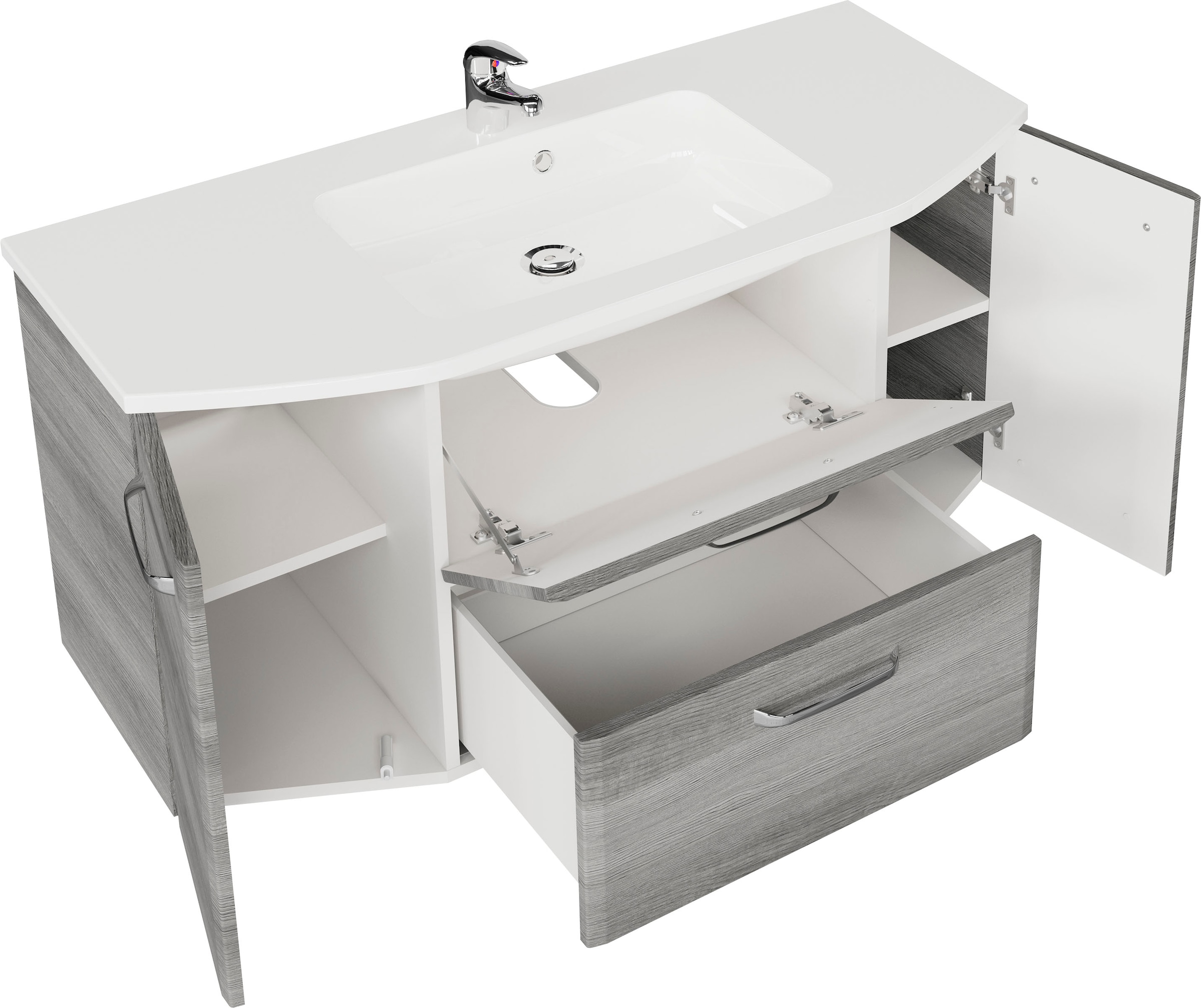 Saphir Waschtisch »Quickset Waschplatz, Mineralmarmor-Waschtisch, 112 cm breit, 2 Türen«, Unterschrank mit Waschbecken, inkl. Türdämpfer, Griffe Chrom Glanz