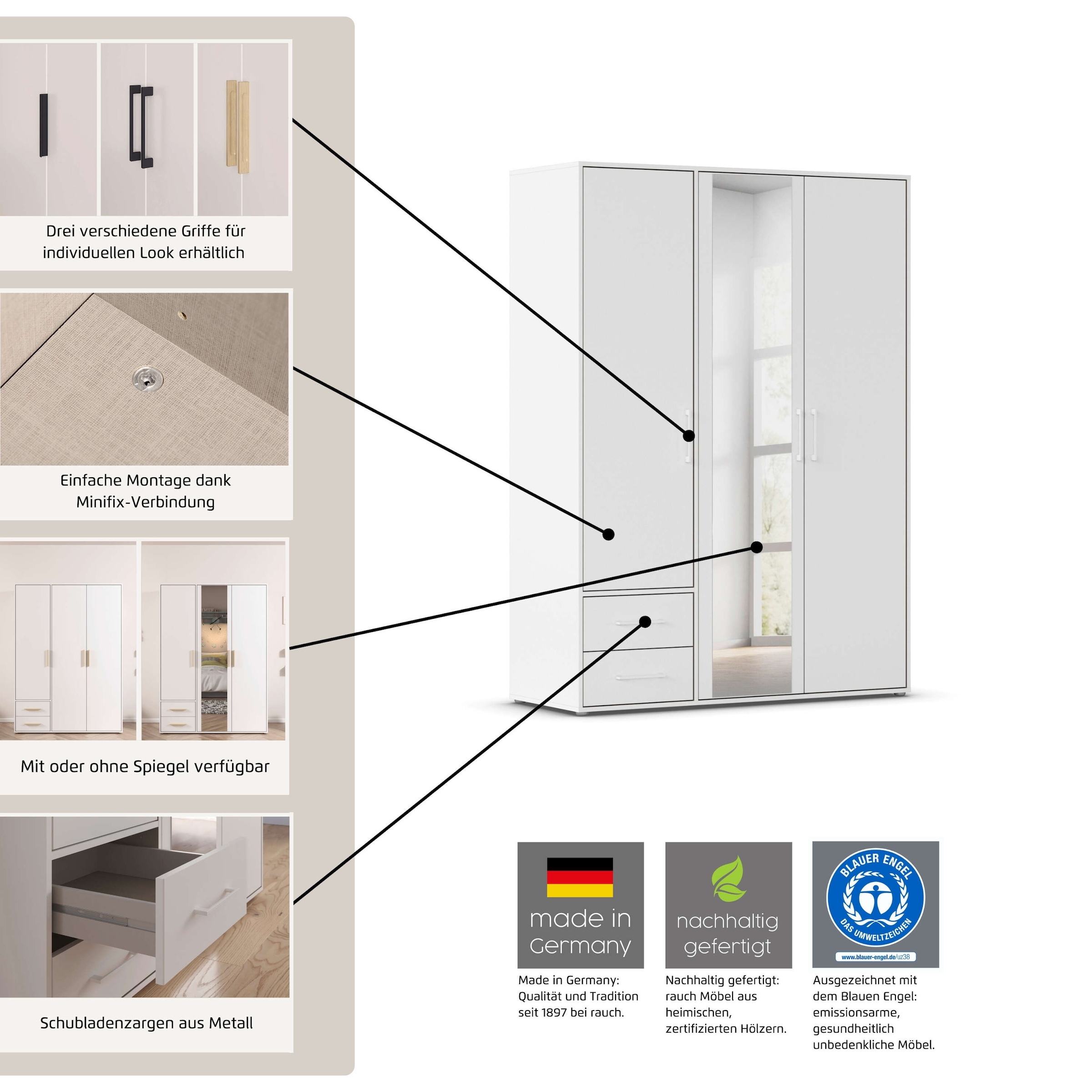 INOSIGN BY RAUCH Kleiderschrank »Kleiderschrank Schrank Garderobe Schlafzimmer Stauraum PAULLY«, (mit 3 Griff-Varianten), OTTOS CHOICE 3 Griffvarianten MADE IN GERMANY