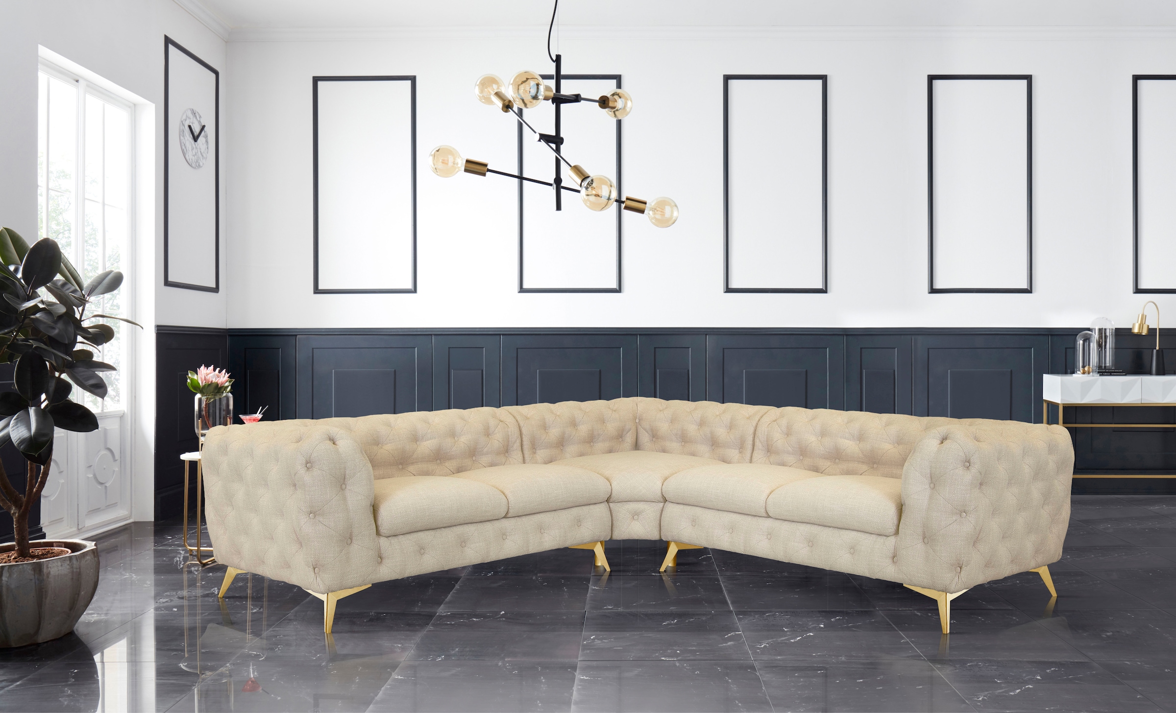 Home affaire Chesterfield-Sofa »Ecksofa GLYNIS L-Form mit Wellenunterfederung, Maße B/T/H 264/264/75cm« aufwändige Knopfheftung, moderne Chesterfield Optik, Fußfarbe wählbar