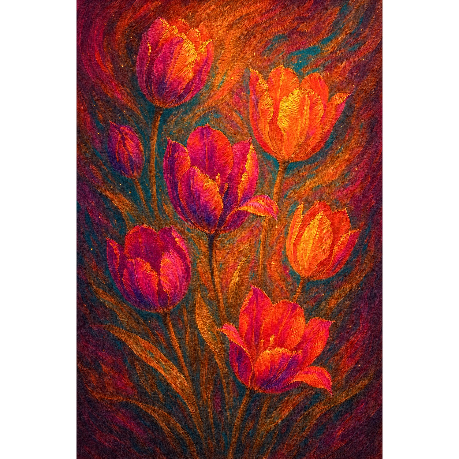 queence Acrylglasbild »Tulpenfeuer«, Blätter-Blätterbilder-Blumen-Blumenbilder-Blumenwiese-Fantasy-Gänseblümchen-Gemälde-Garten-Gartenbilder-Kunst, (1 St.), Knallige, tolle Farben auf hochwertigem Acrylglas gedruckt