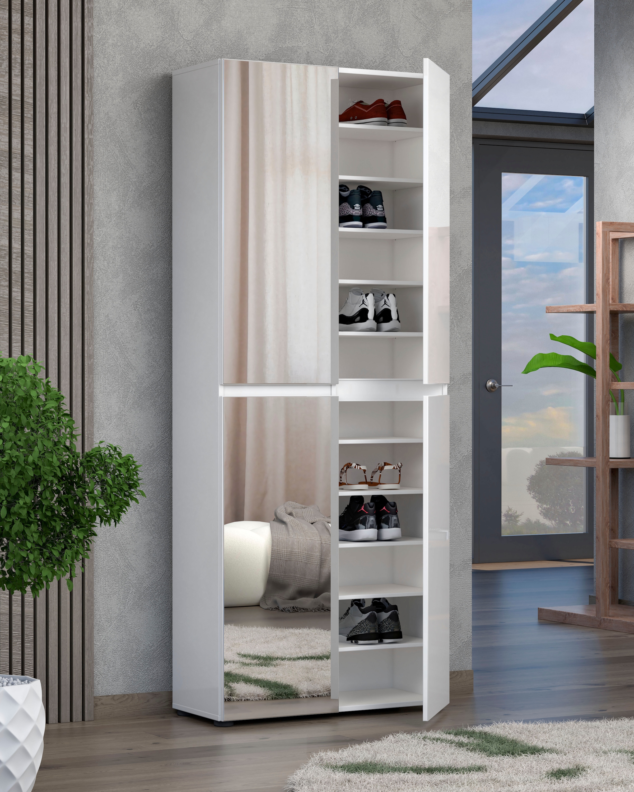 INOSIGN Schuhschrank »Mister,Schuhkommode,Schuhmöbel,Schuhablage,Schuhregal«, Breite 80 cm, Höhe 200 cm, Tiefe 34 cm, 4 Türen, 12 Fächer, 2 Spiegel