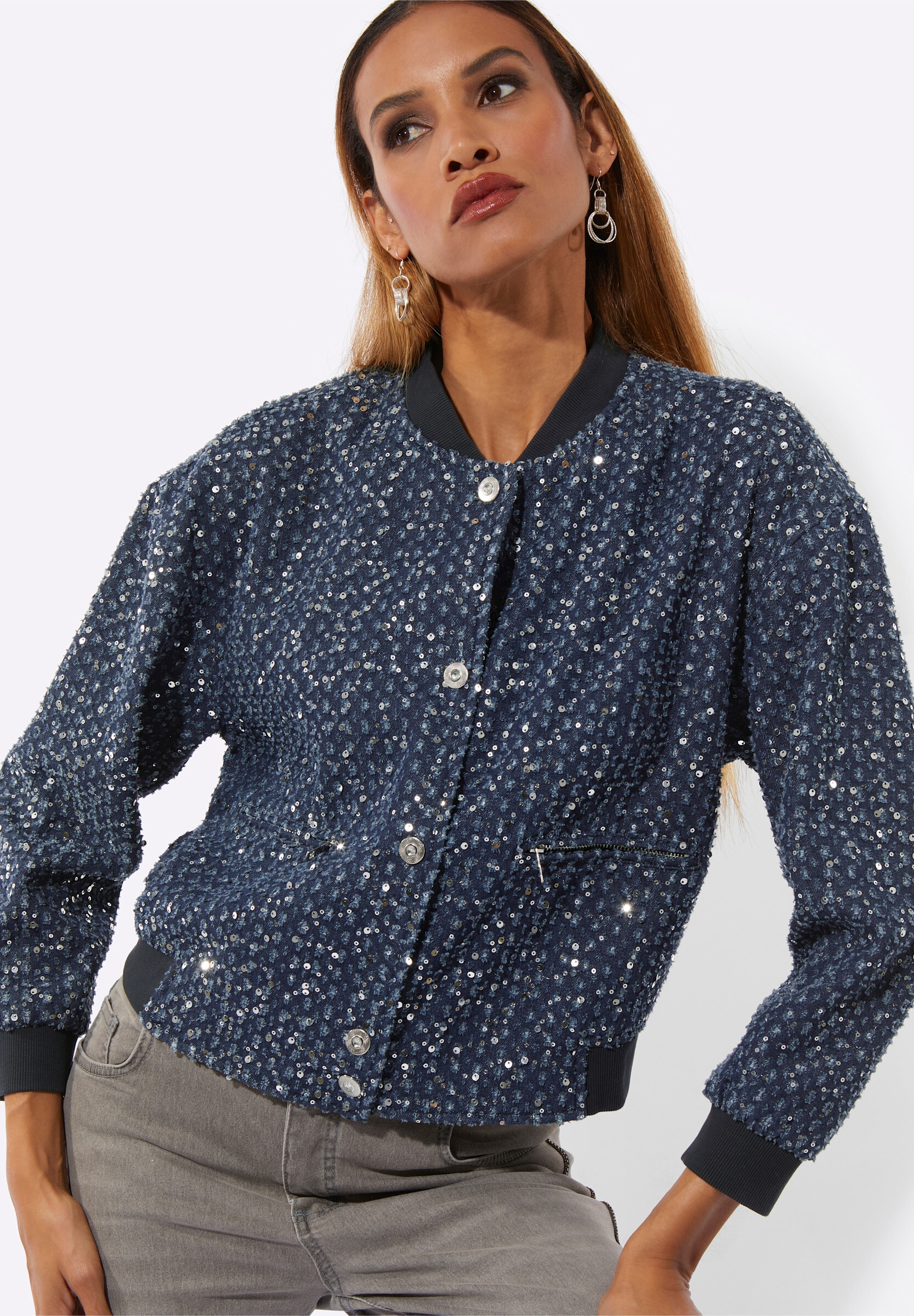 creation L Blusenblazer »Jeans-Blouson Blouson mit schimmernden Pailletten«