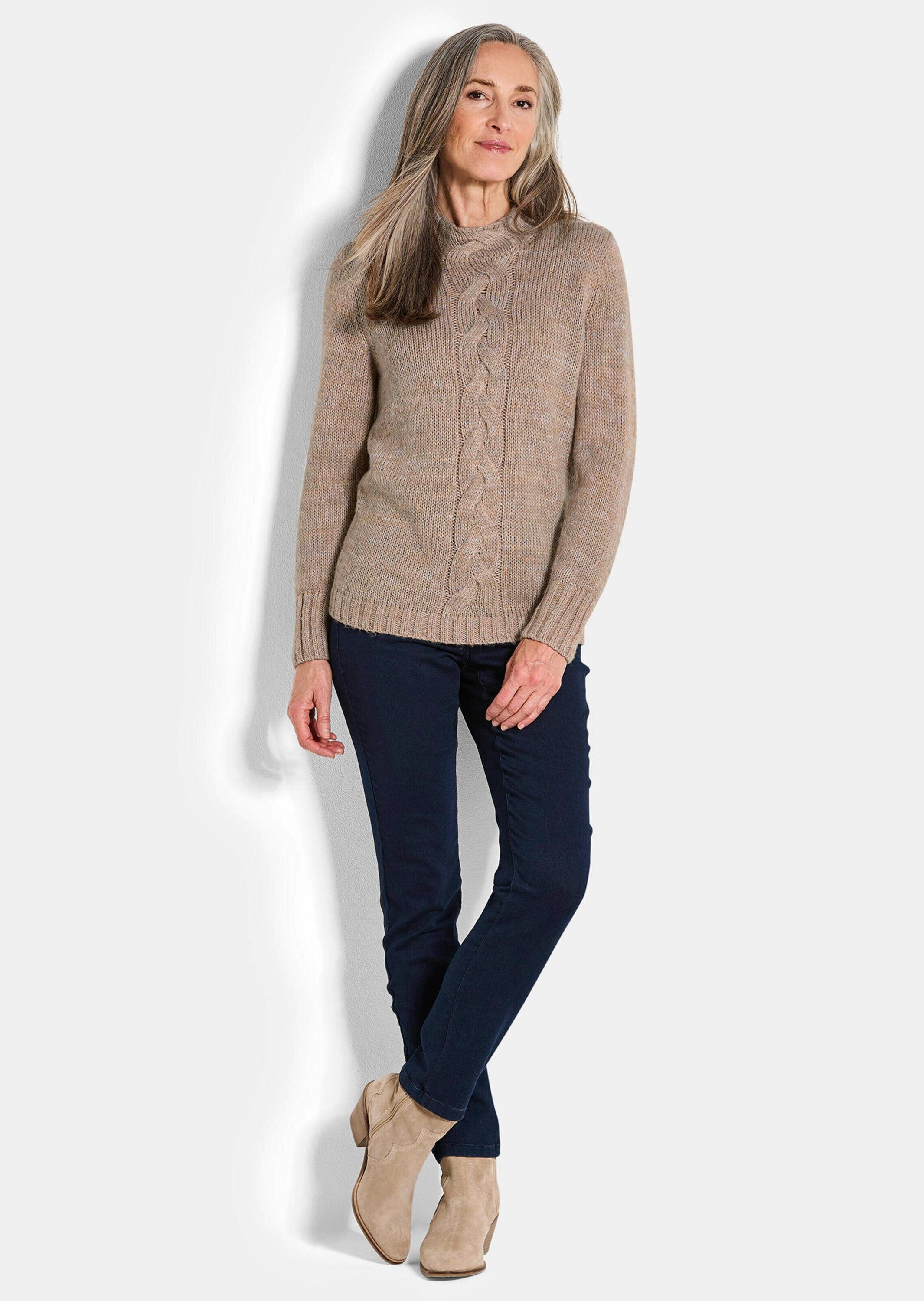 GOLDNER Rundhalspullover »Kurzgröße Hüftlanger Langarmpullover, Zopfstrick«