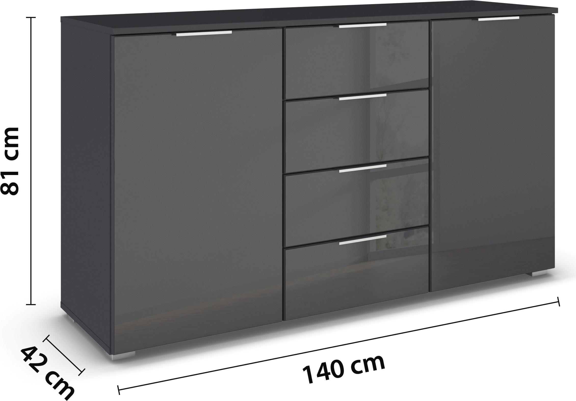 rauch Kombikommode »Sideboard Kombikommode Schubladenkommode AGORDO mit Glasfront«, (in zwei Griff-Farben), mit 4 Schubkästen und 2 Türen sowie Metallgriffen MADE IN GERMANY