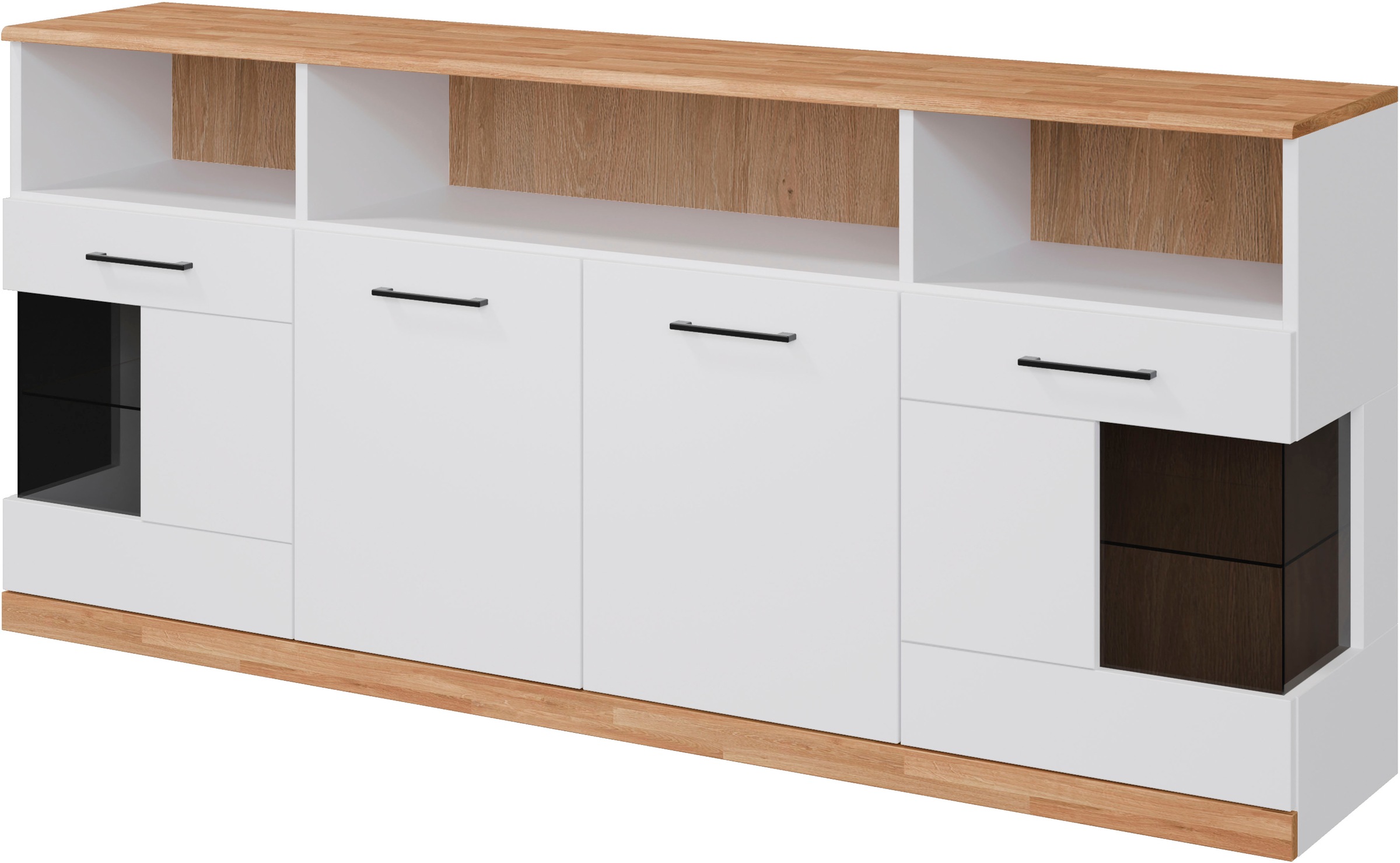 Home affaire Sideboard »Ribe,180cm breit,Oberplatte aus Massivholz, 9 Fächer«, Oberplatte Massivholz,schwarze Metall Griffe,2 Türen mit Glaseinsatz