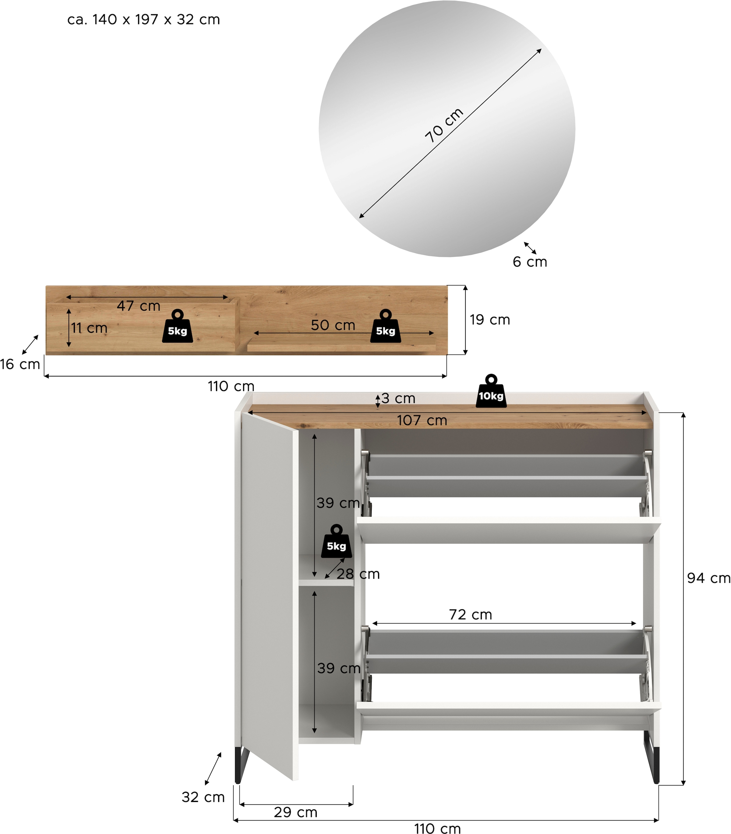 Home affaire Garderoben-Set »EVRID, 3-teilig, Breite 140 cm, individuell stellbar & erweiterbar« best. aus: Kommode, Wandboard & Spiegel, 3 Stk. tlg.