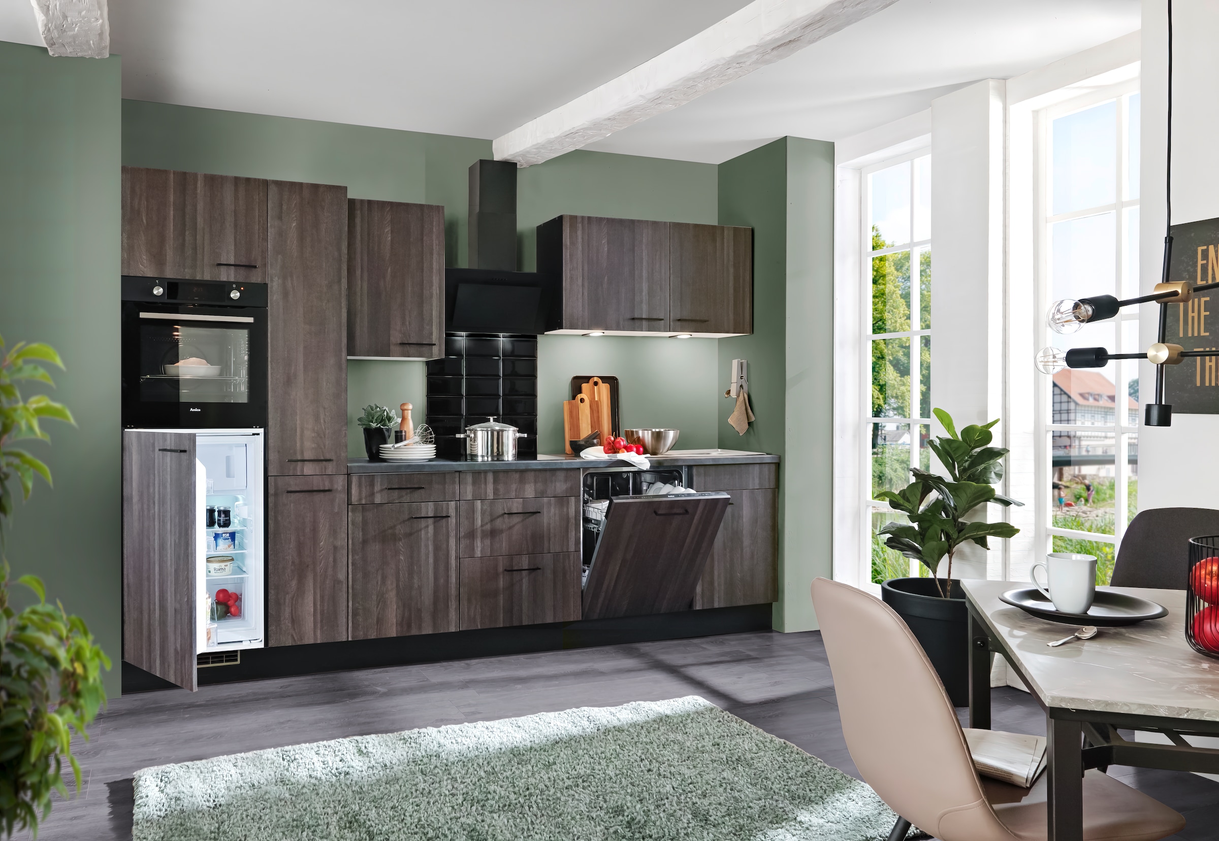 wiho Küchen Küche »Nisos«, Soft-Close, 310 cm, Backofen matt schwarz, Teleskopauszug