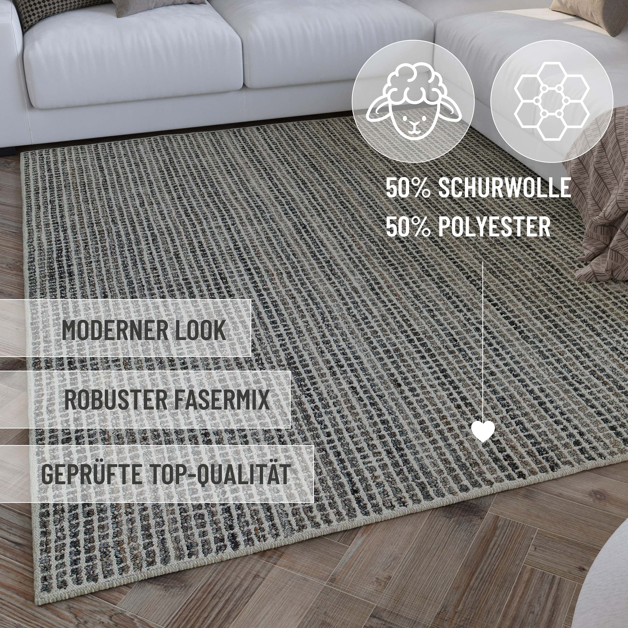 Wecon home Teppich »Hamptons FOURTEEN«, rund, 10 mm Höhe, Fasermix, Kurzflor, Wohnzimmer, Schlafzimmer, elegant, Karo-Muster
