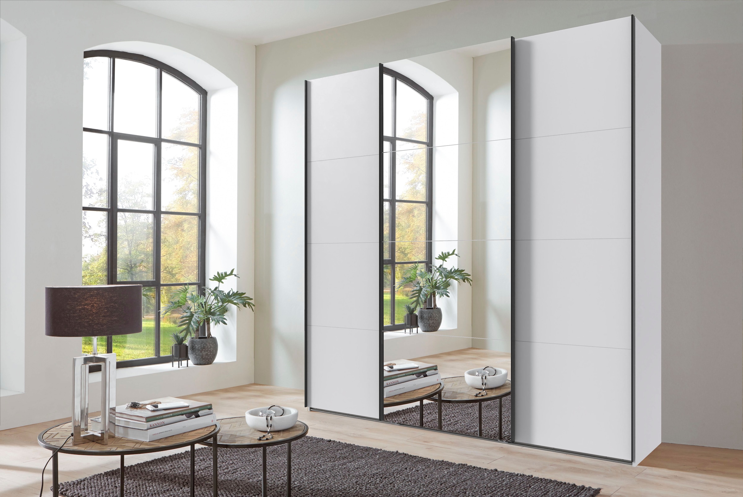 Wimex Schwebetürenschrank »Mugano, Made in Germany, Lieferung bis in Deine Etage und Stellort«, (wähle Deine Ausstattung: Basic oder Premium!), 3 Schwebetüren, große Größen, mit oder ohne Spiegel, Metallgriffe