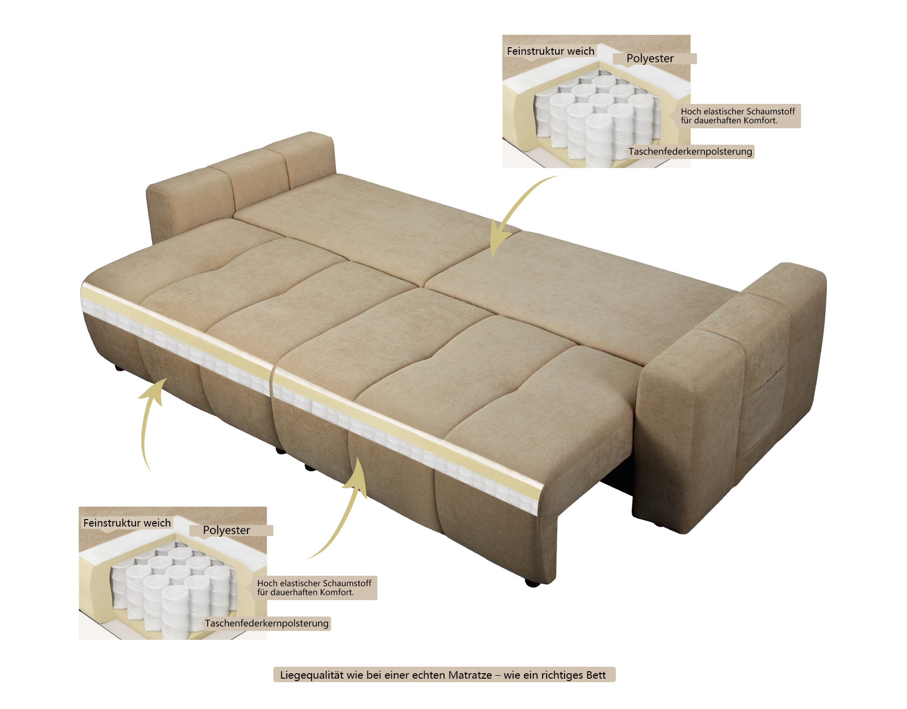 OTTO home Schlafsofa »YLVAA 3-Sitzer, 239cm/Schlafsofa (132/198)-OTTO. Verlässliche Qualität« Tonnentaschen-Federkern, Bettkasten, Feinstruktur weich