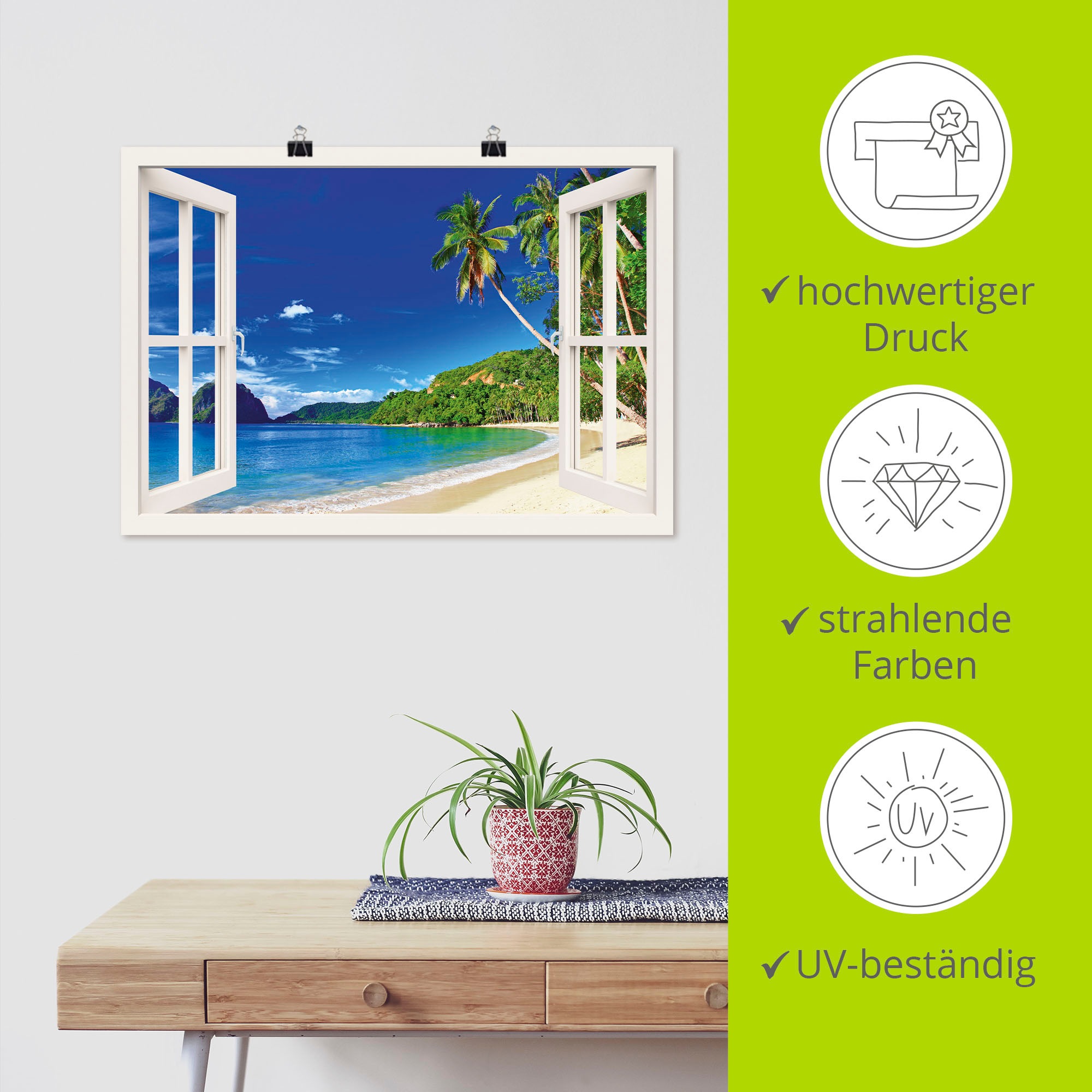 Artland Wandbild »Fensterblick Paradies«, Fensterblick, (1 St.), als Alubild, Outdoorbild, Leinwandbild, Poster, Wandaufkleber