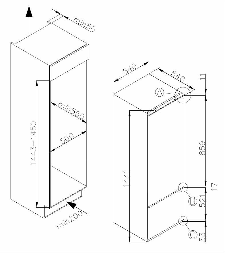 Amica Einbaukühlgefrierkombination, EKGC 16155, 144 cm hoch, 54 cm breit, 144  cm hoch mit 3 Jahren XXL Garantie