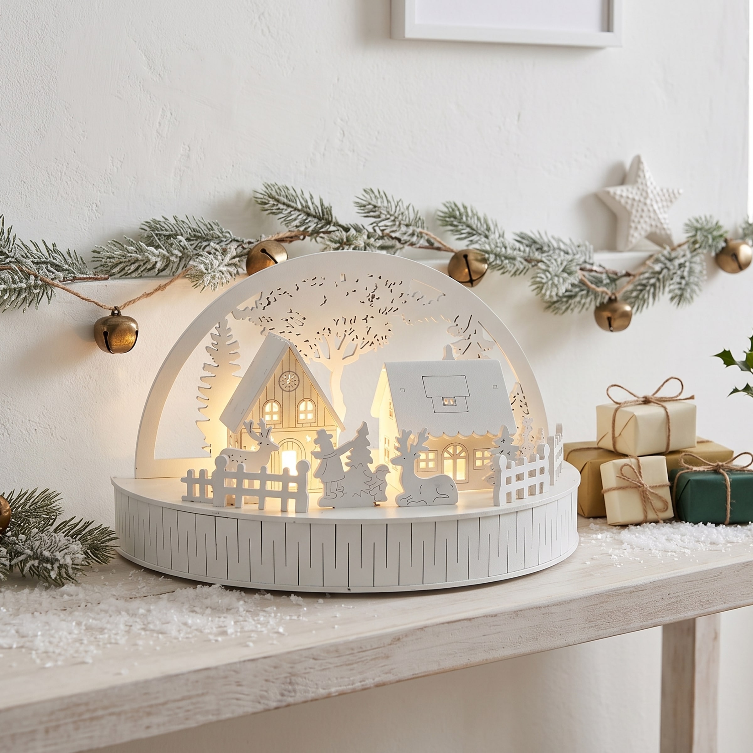 OTTO home Weihnachtsdorf »Weihnachtsszene mit LED-Licht« Holz, weißes Dorf mit Häusern und Rentieren