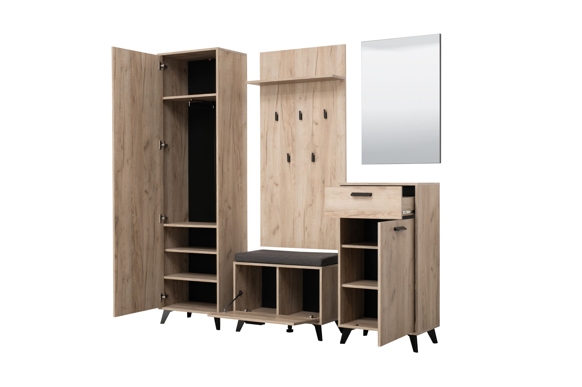 INOSIGN Garderoben-Set »Umbria, Flurmöbel, Dielenmöbel, Breite 175 cm, in Grau Eiche«, (Komplett-Set, 5 St., 5-st), (Set, 5-St) inkl. 2 Schränke, Sitzbank, Garderobenpaneel und Spiegel