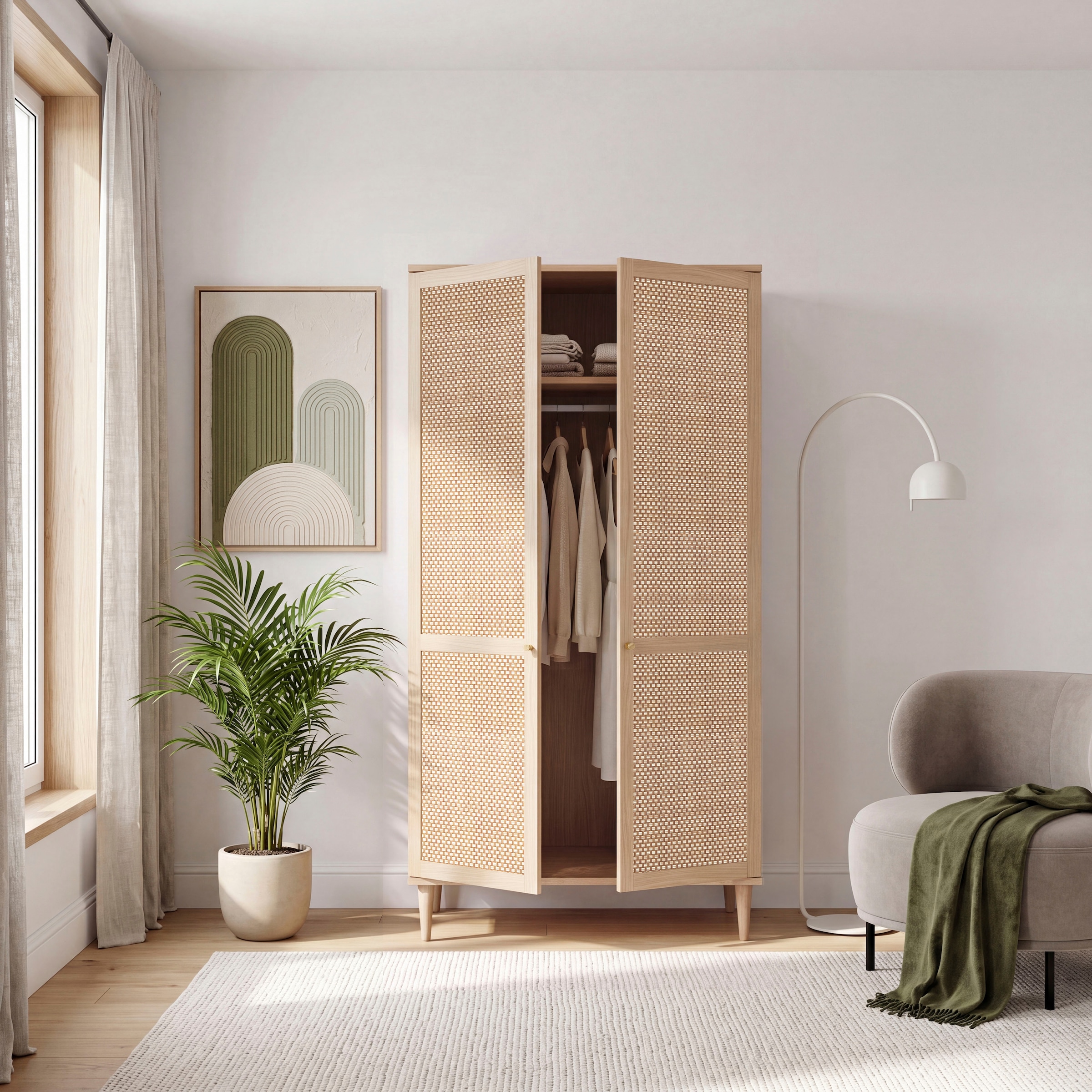 OTTO home Kleiderschrank »ELLIAN mit natürlicher Geflechtoptik und warmem Holzdekor« Holzfüße, Metallgriffe, Made in EU, viel Stauraum, FSC® zertifiziert