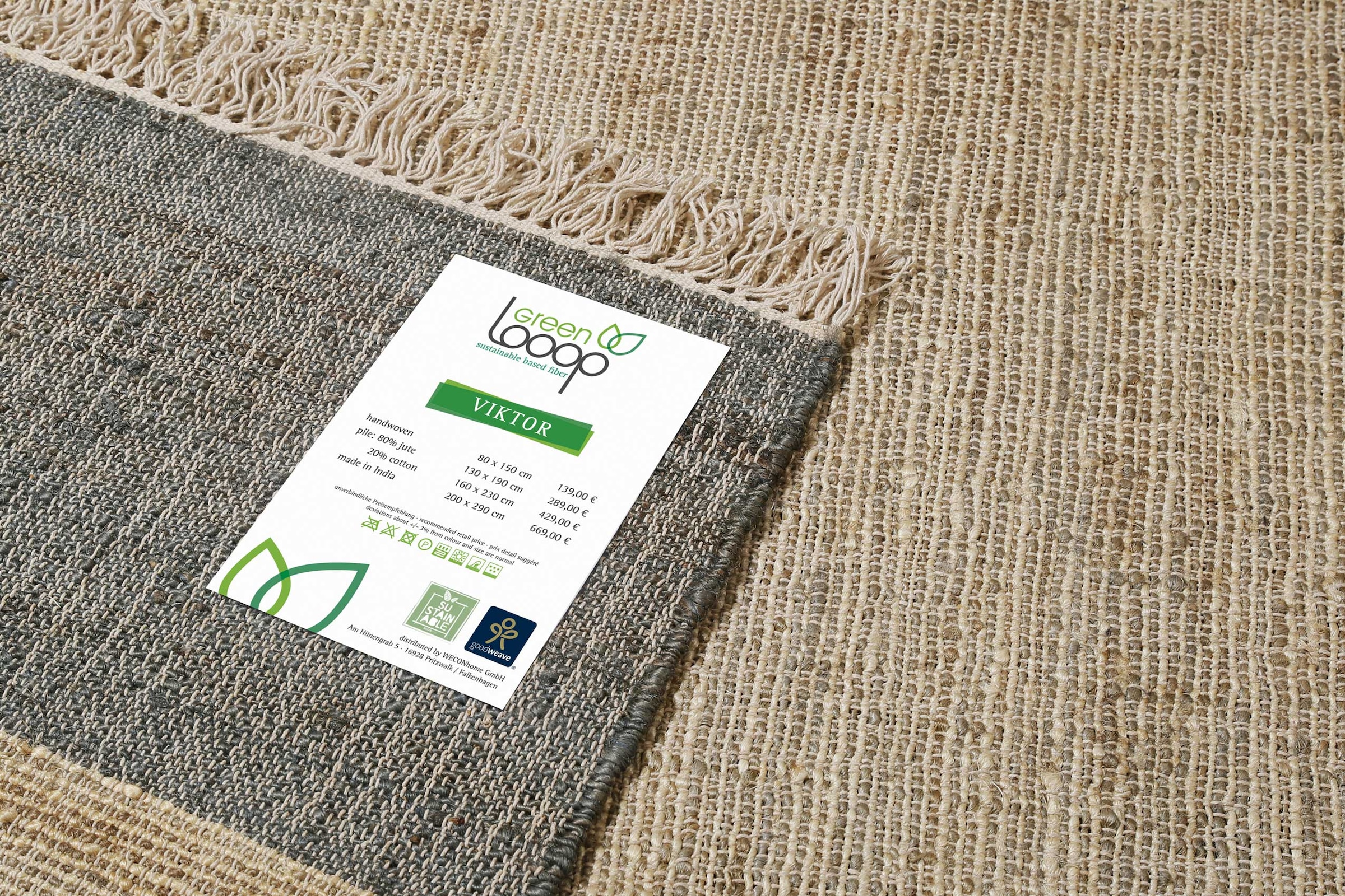 Green Looop Teppich »Viktor GL-82303«, rechteckig, 4 mm Höhe, Naturfaser Teppich aus 80% Jute 20% Baumwolle, mit Fransen, Wohnzimmer