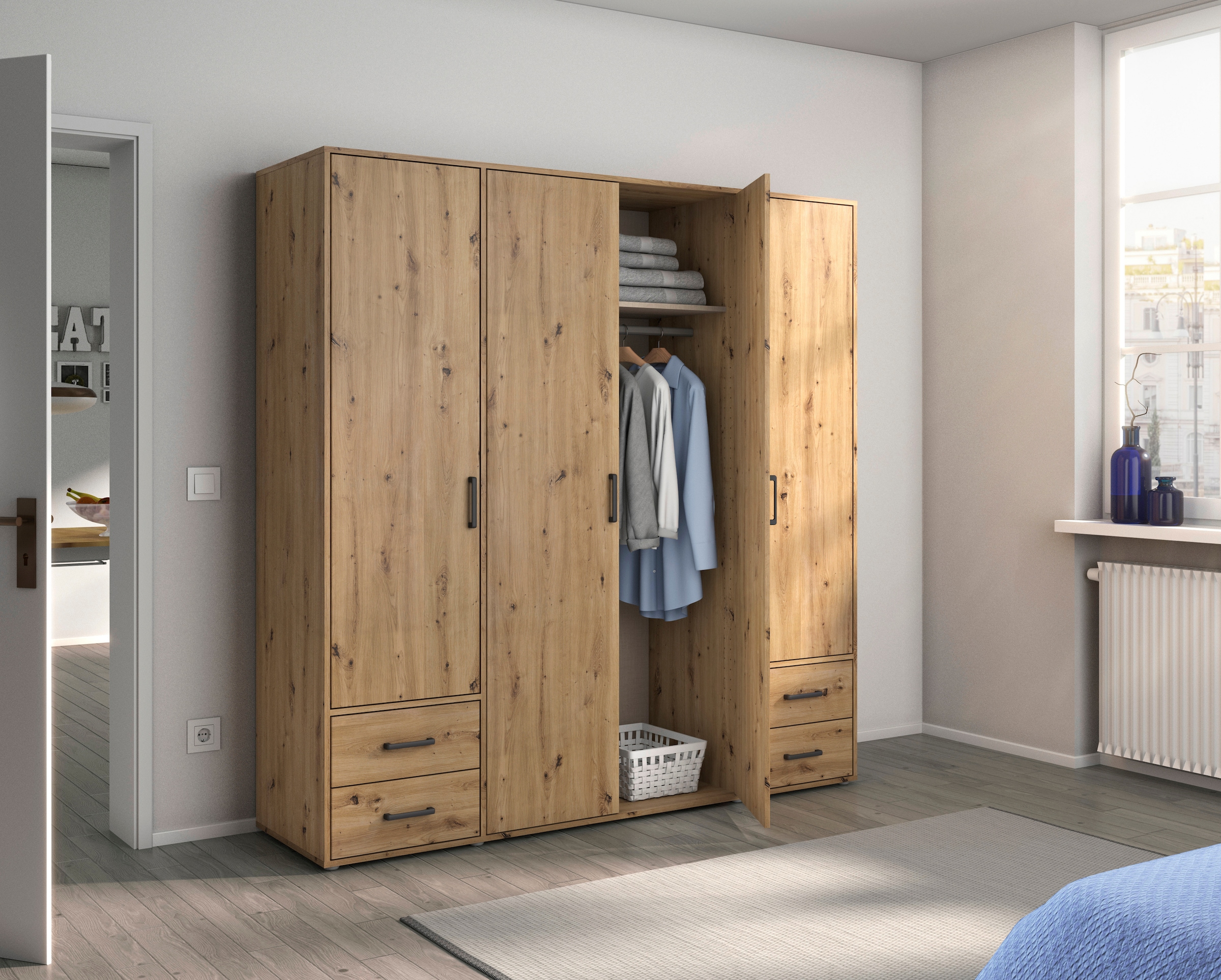 rauch Drehtürenschrank »Kleiderschrank Schrank Garderobe Wäscheschrank VOYAGER«, (in 3 verschiedenen Ausstattungen BASIC/CLASSIC/PREMIUM), moderne Griffe in Graumetallic mit Außenschubkästen MADE IN GERMANY