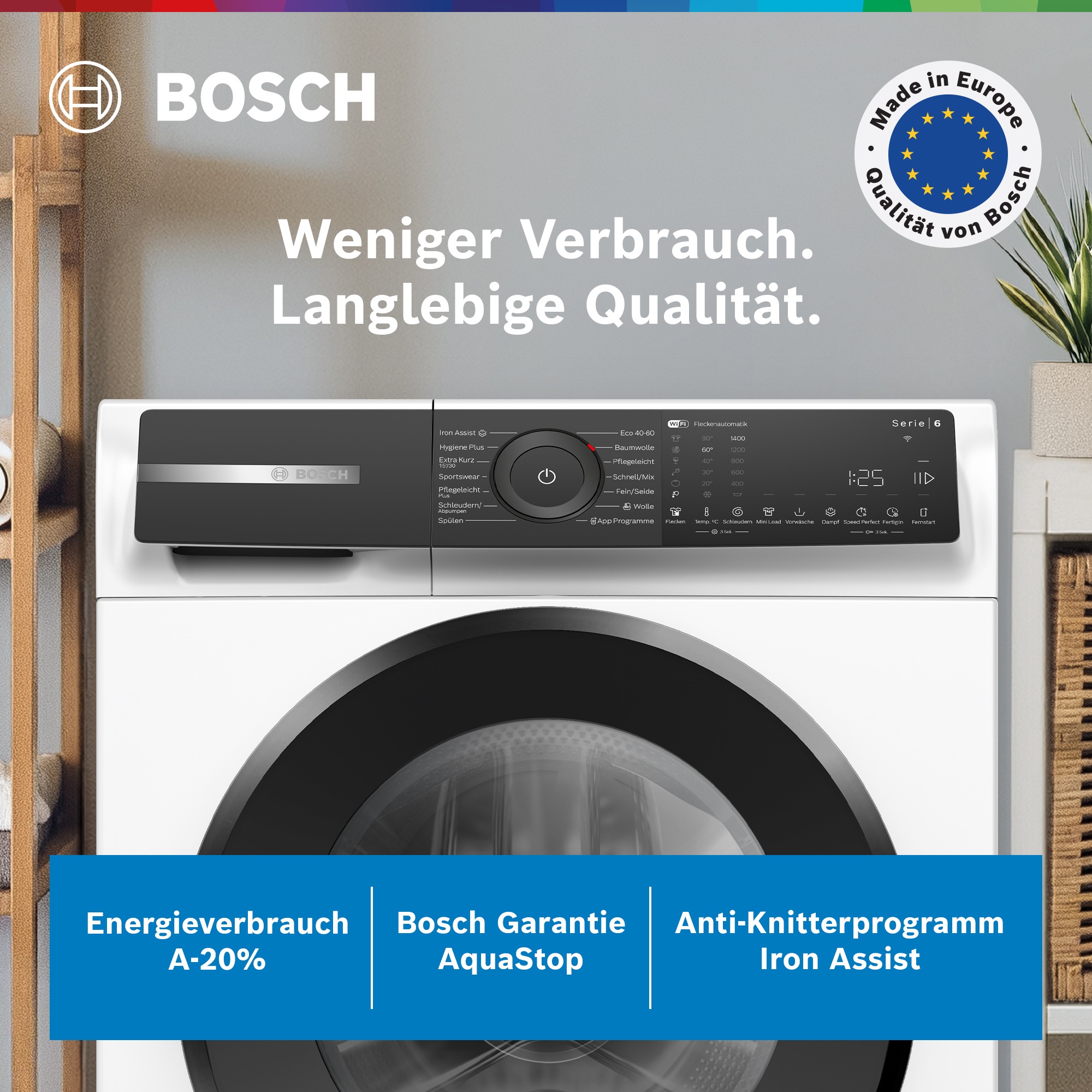 BOSCH Waschmaschine Serie 6 »WGH244M40« 9 kg 1300 U/min Energieverbrauch A-20%, Mini Load Option max. deine Energieeinsparung