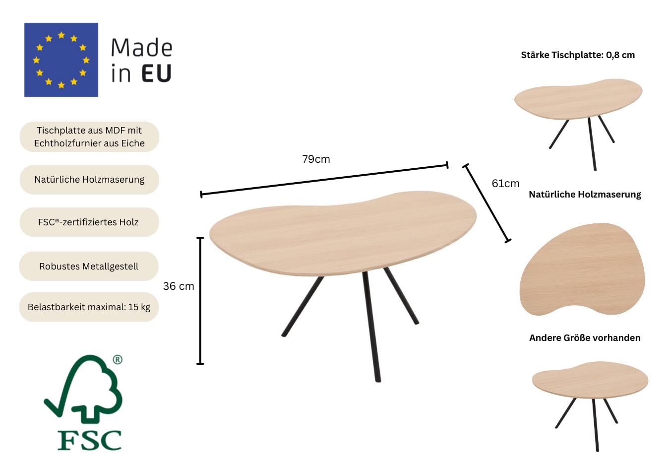 Home affaire Couchtisch »Arendal, Tisch, Satztisch, Kaffeetisch, Sofatisch« 1 Stk. tlg. Tischplatte mit Echtholzfurnier aus Eiche, Gestell aus Metall, FSC®