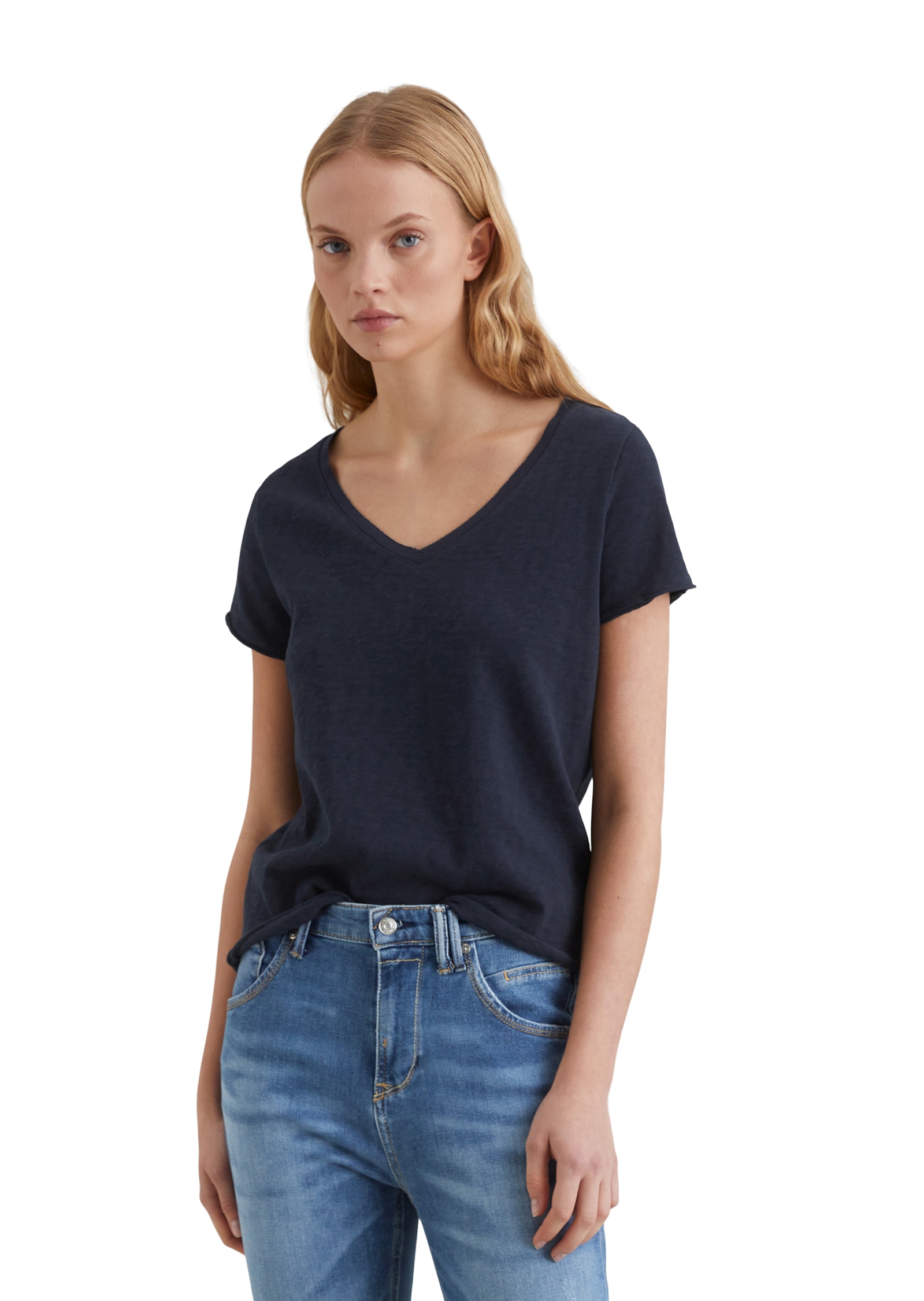 Marc O'Polo DENIM T-Shirt mit  abgerundetem V-Neck