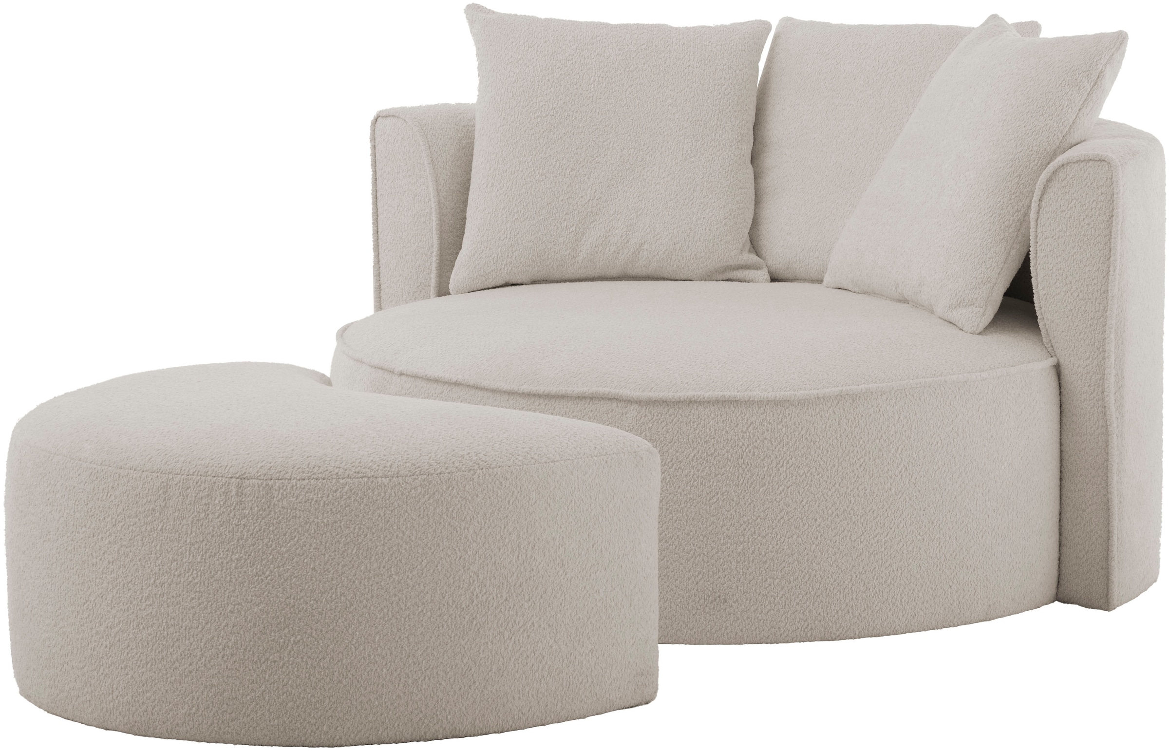 LeGer Home by Lena Gercke XXL-Sessel »Isalie, Rundsessel mit Hocker, Lesesessel, Loveseat, Big-Sessel«, (Set), trendige Stoffe, mit 3 Zierkissen, große Sitzfläche