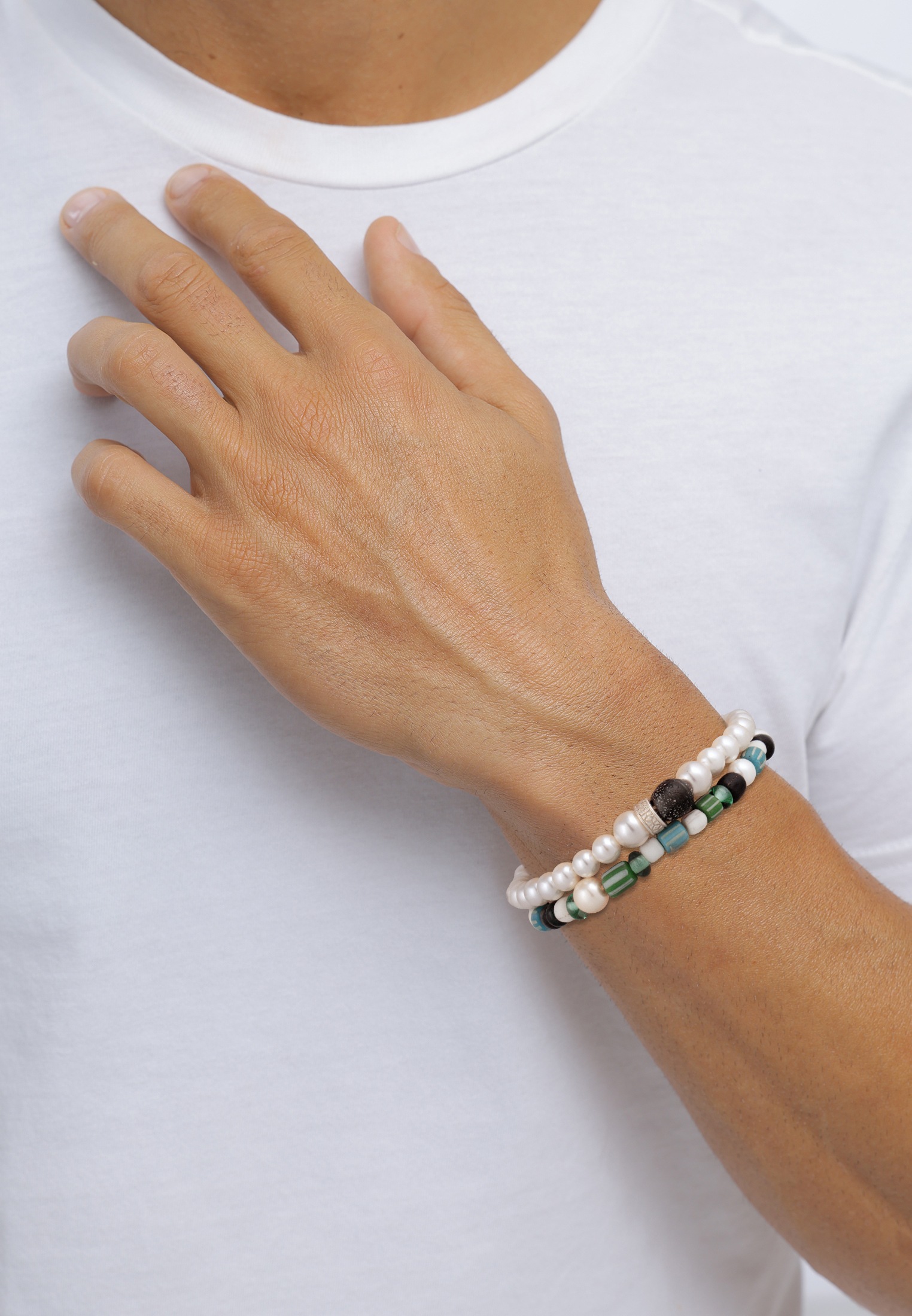 Kuzzoi Lederarmband »Armband Set Glas Bead Muschelkern Perle Weiß 925 Sterling Silber«