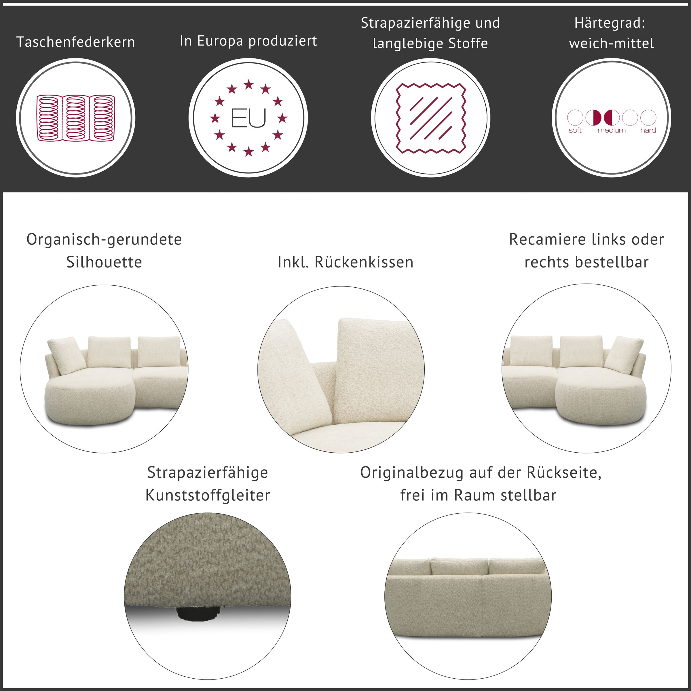 DOMO collection Ecksofa »Lumin, B/T: 267/170 cm, abgerunde Form, charmantes Design, cozy chic« Mit Federkern und 5 Rückenkissen ausgestattet
