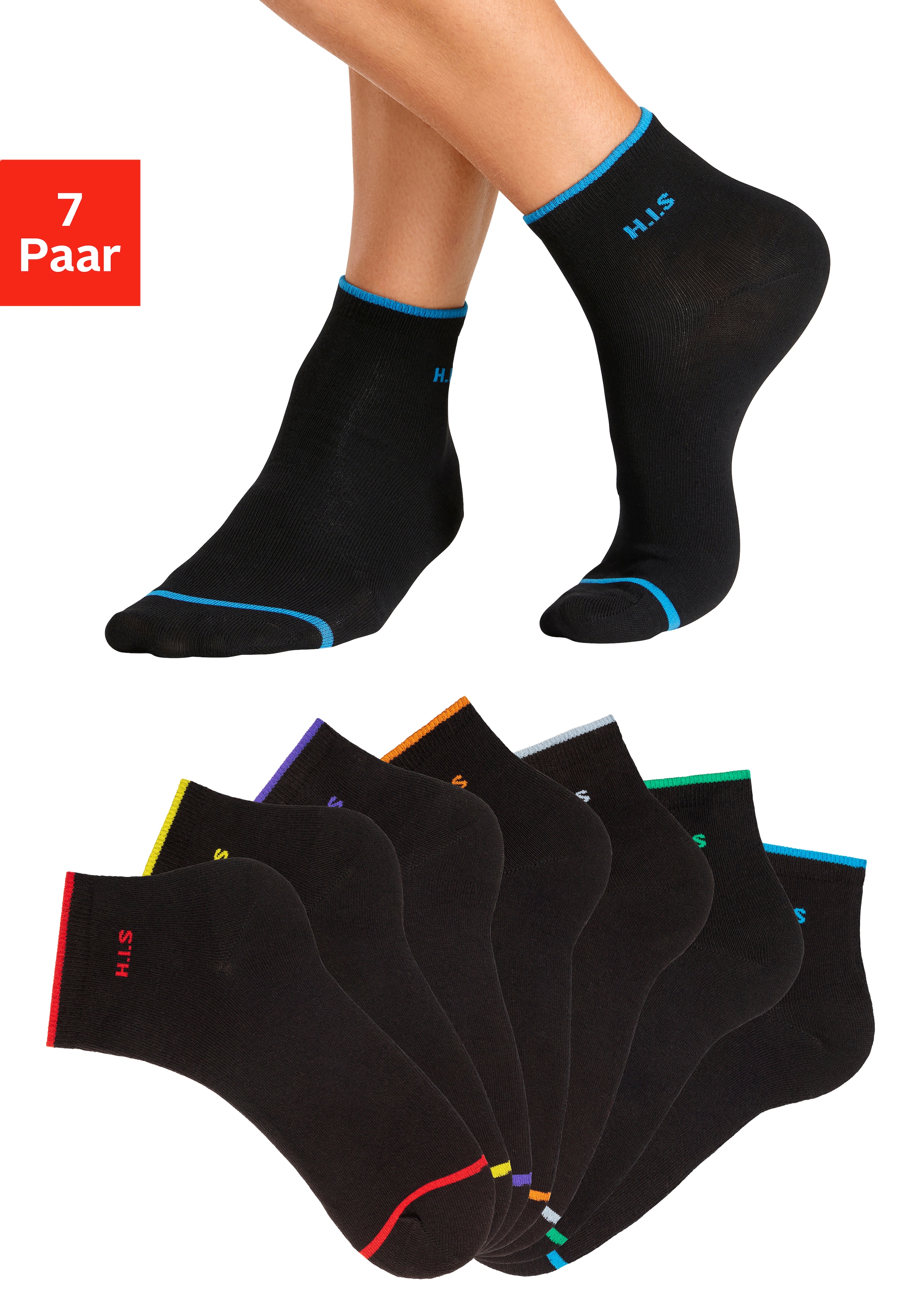 Kurzsocken, (Packung, 7 Paar), mit farbigen Bündchen