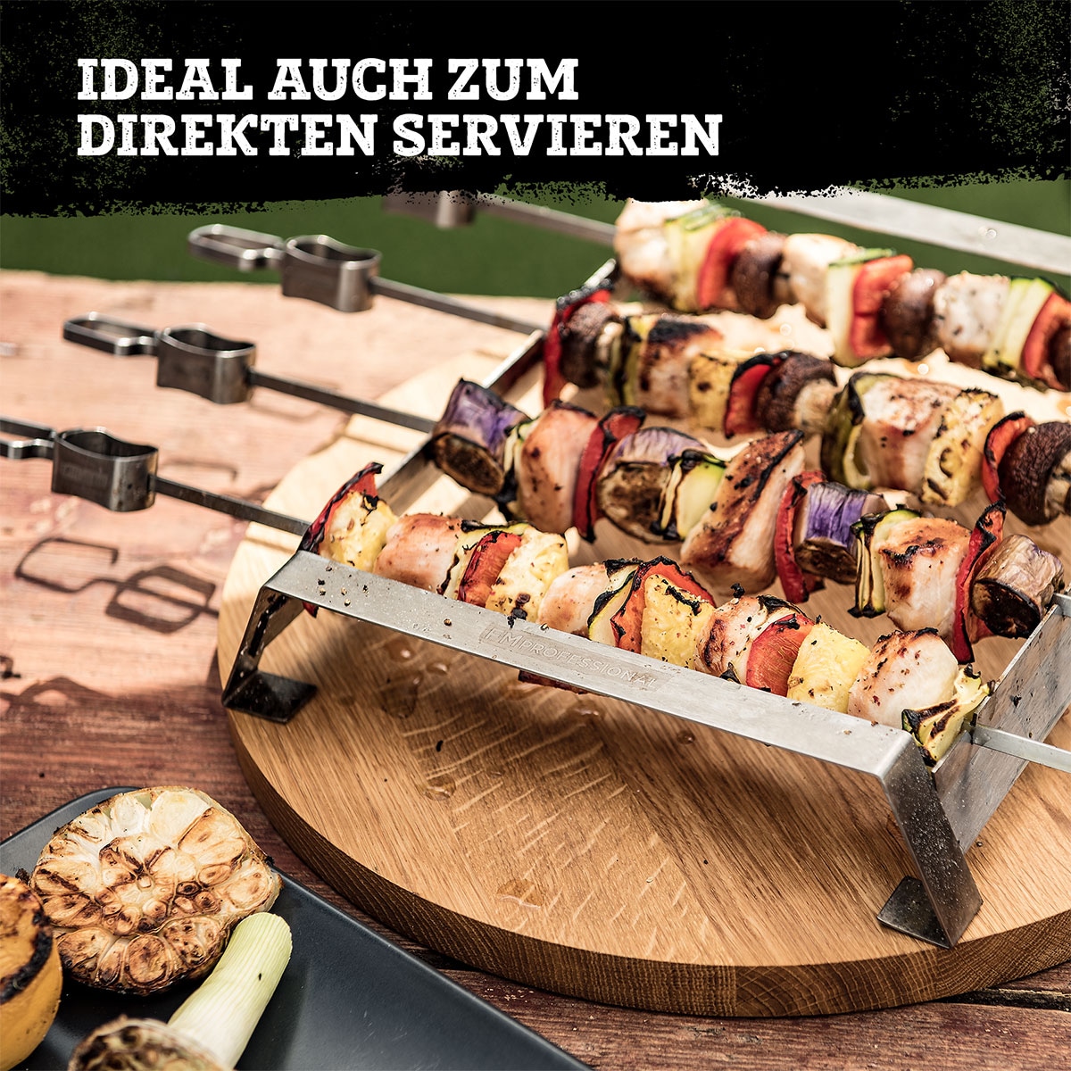 FMprofessional Grillspieß »Grill-Spieße mit Halterung aus Edelstahl - Inklusive Abstreifer« 4 XXL Spieße mit Halter für den Grill – Zubehör für Schaschlik & Co