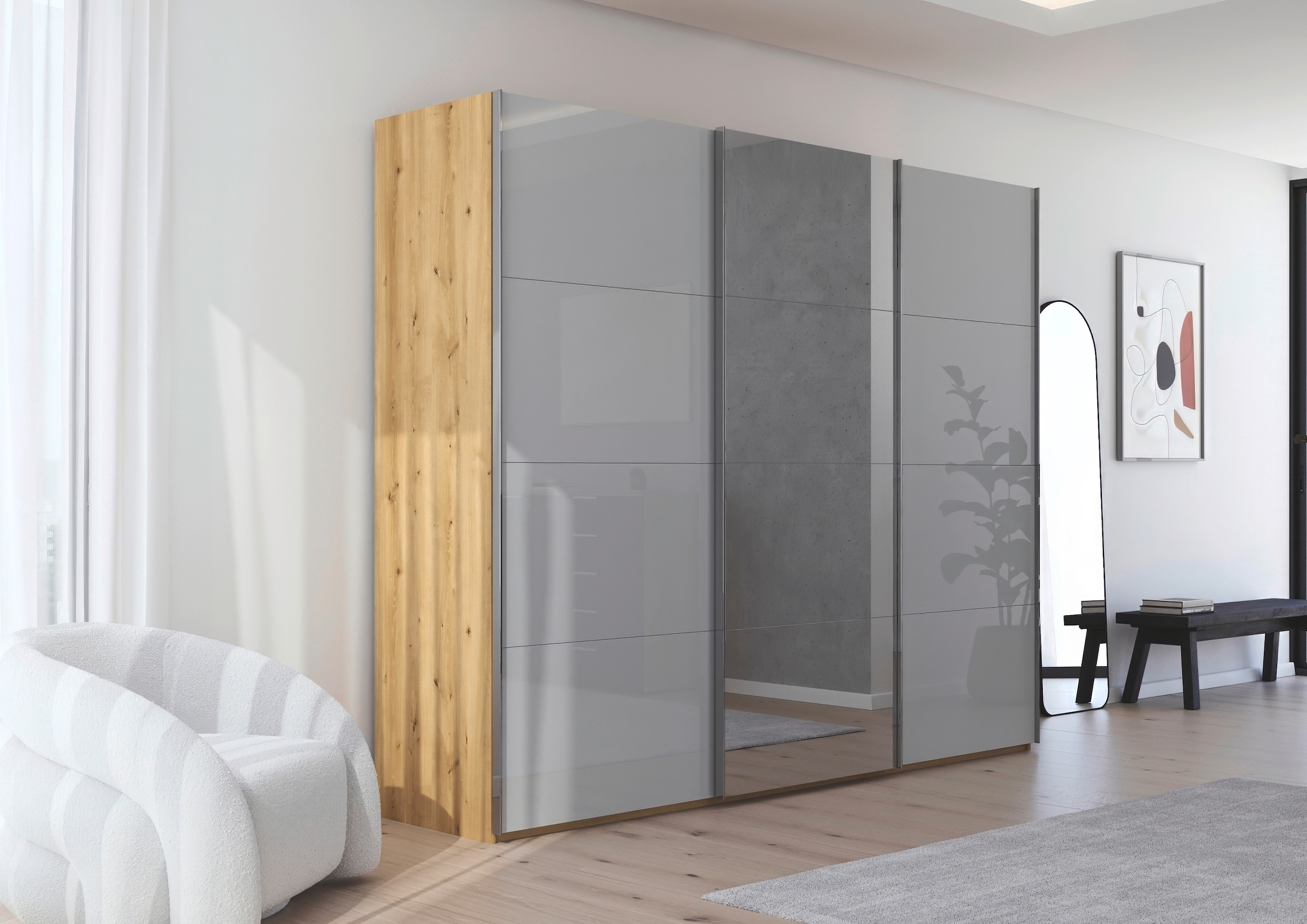 rauch Schwebetürenschrank »Kleiderschrank Schrank Garderobe Schlafzimmerschrank SCALE-FYRA«, edle viergeteilte Türen Spiegel/Glas-Mix viele Farben MADE IN GERMANY