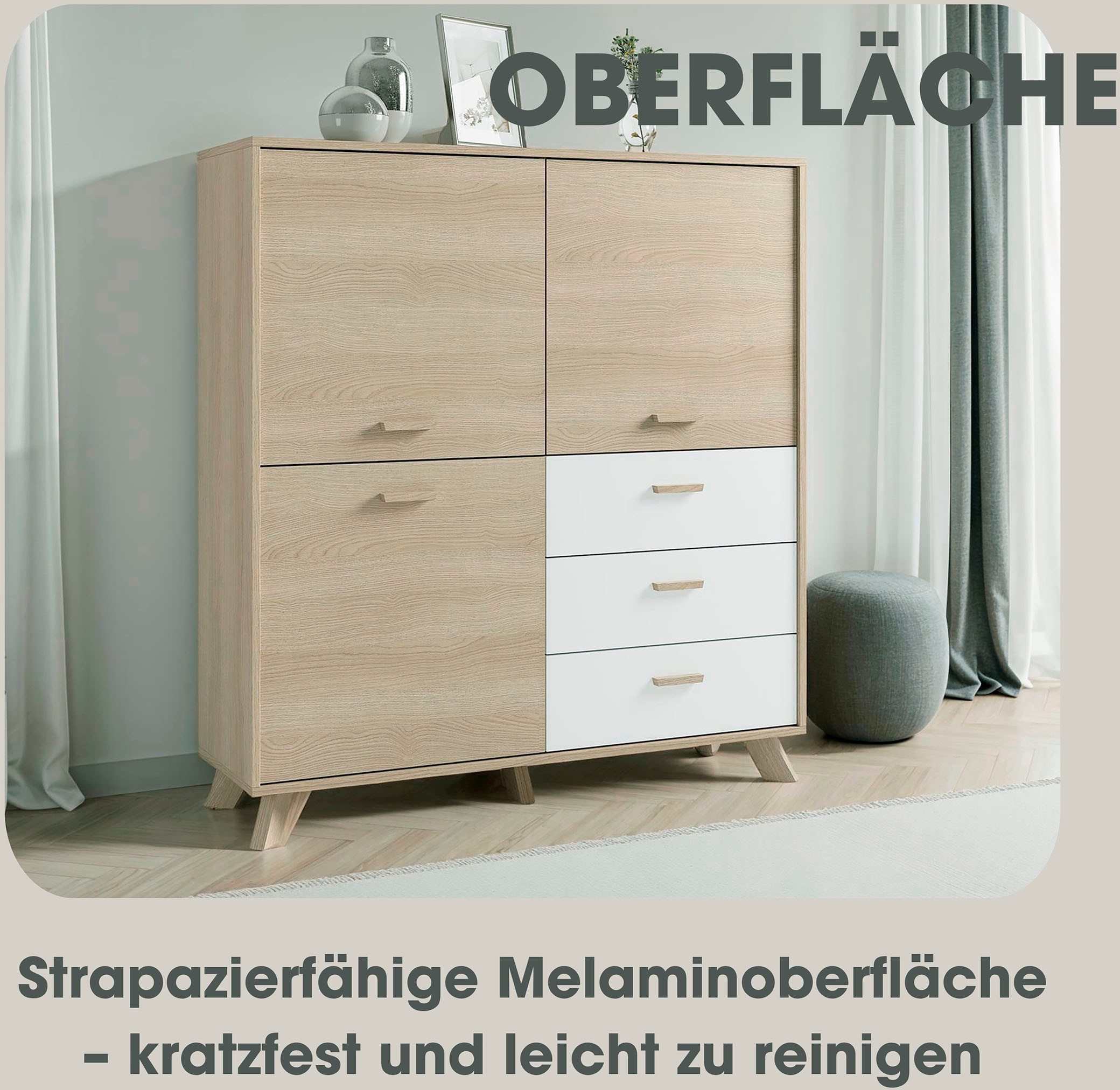 byLIVING Highboard »Bastian« 1 Stk. tlg. mit massiven Holzfüßen und Griffen, natürlicher Eichenlook, 120cm