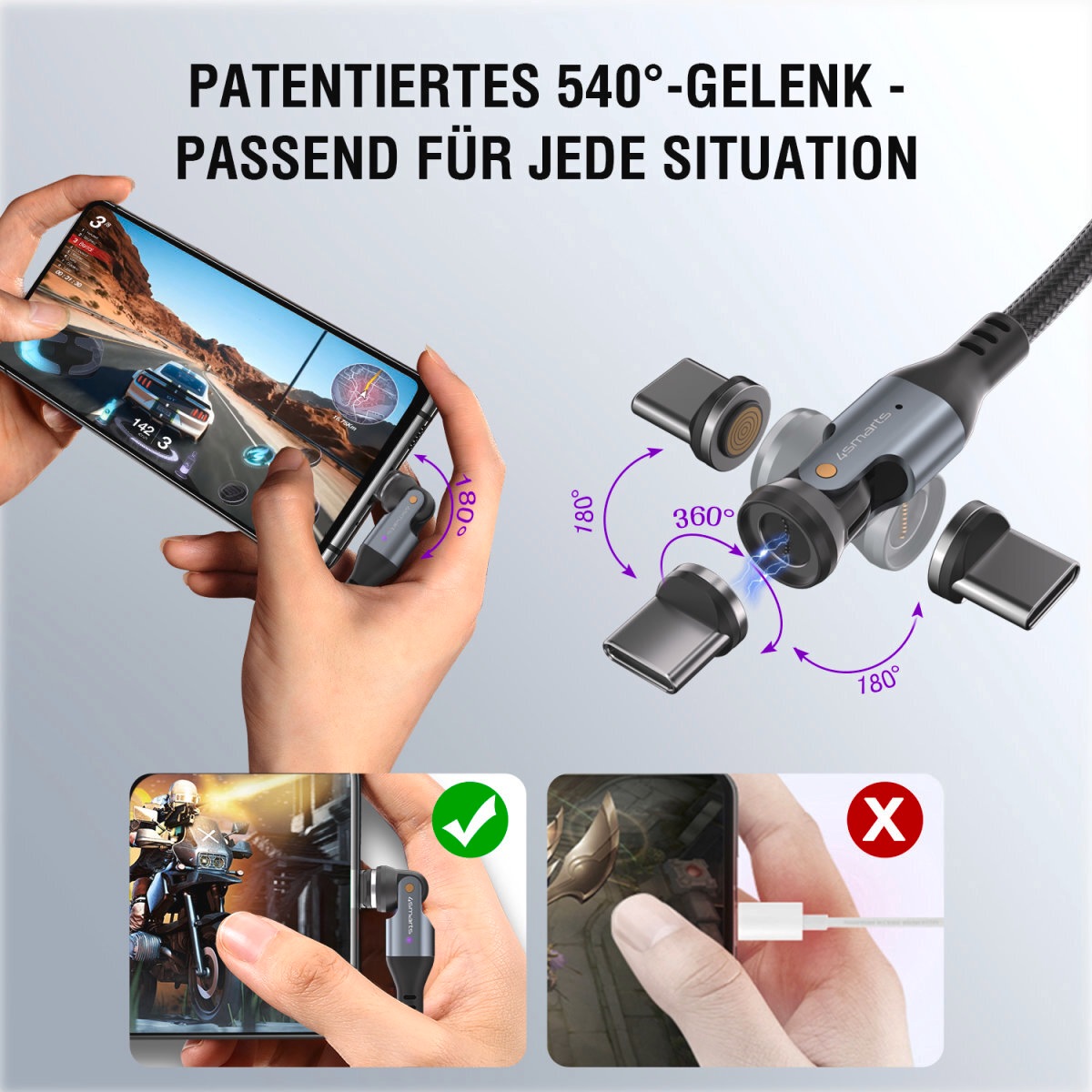 4smarts USB-Kabel »USB-C 540° Magnetkabel-Set GravityCord 240W«, USB Typ C, 180 cm