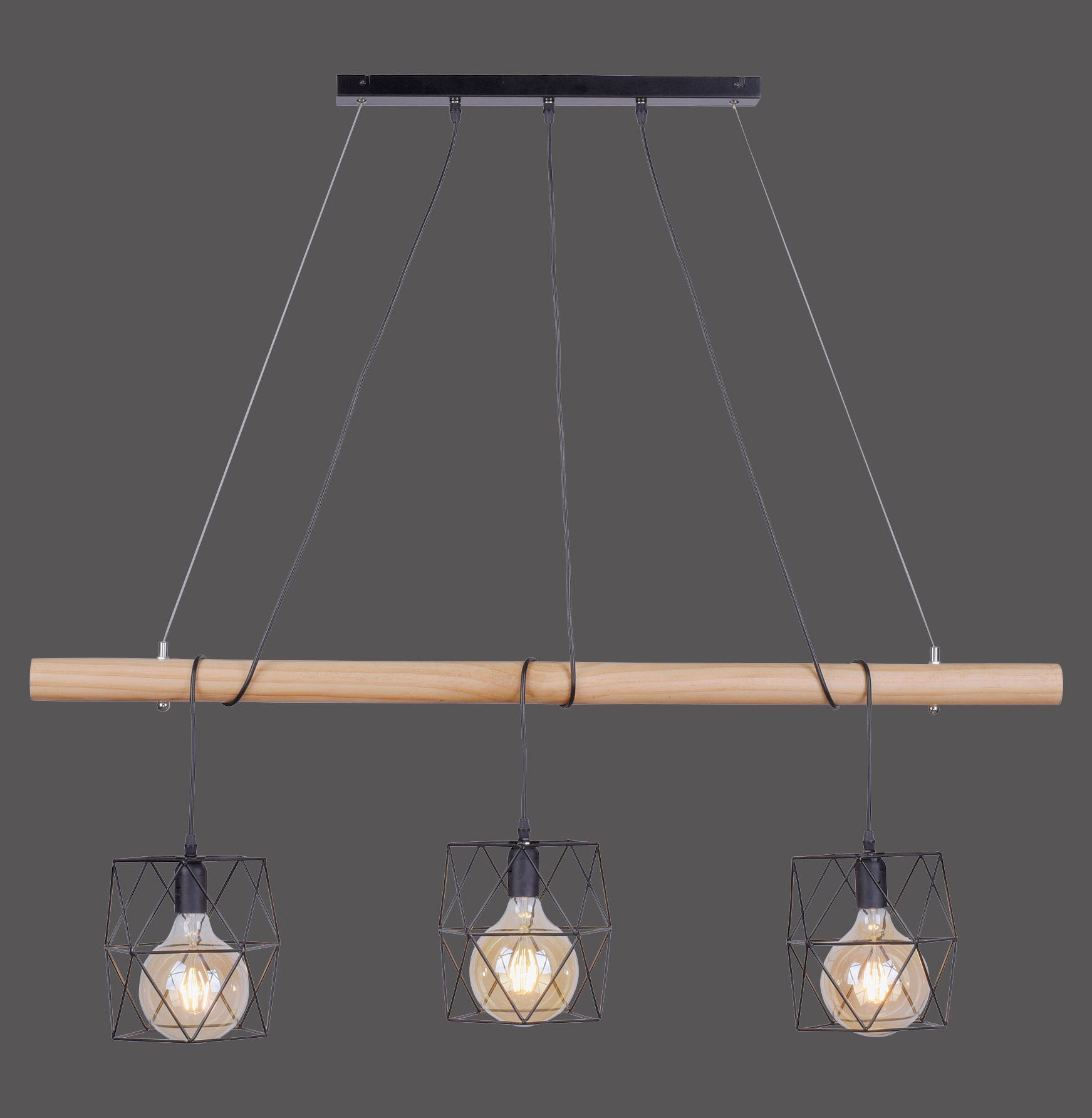 JUST LIGHT LED Pendelleuchte »EDGAR«, 3 flammig, Leuchtmittel E27 | ohne Leuchtmittel, Kombination aus lackierten Metallkörbchen & rustikalem Pinienholz