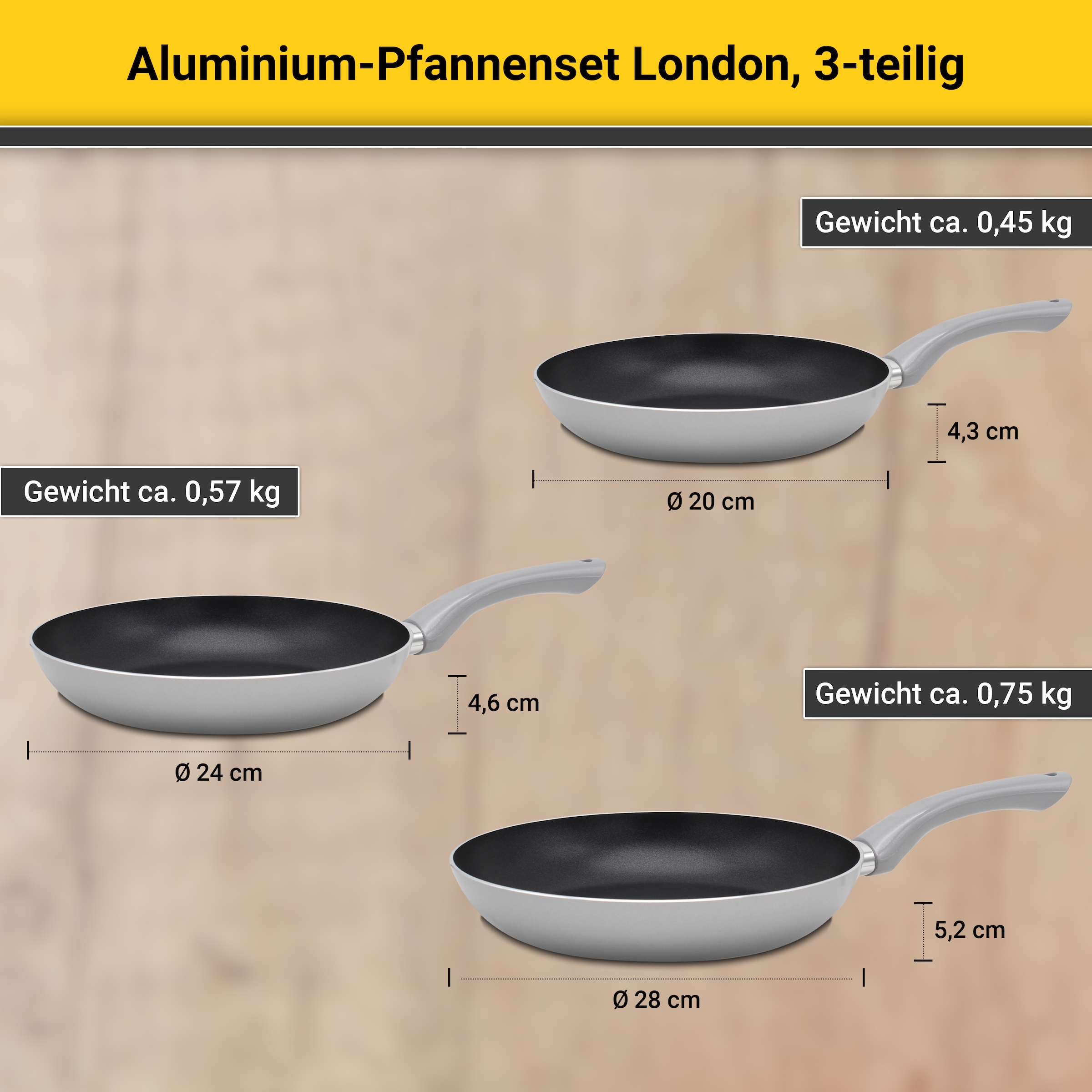 Krüger Pfannen-Set »London« Aluminium Set, 3 Stk. tlg. Ø 20/24/28 cm, Induktion