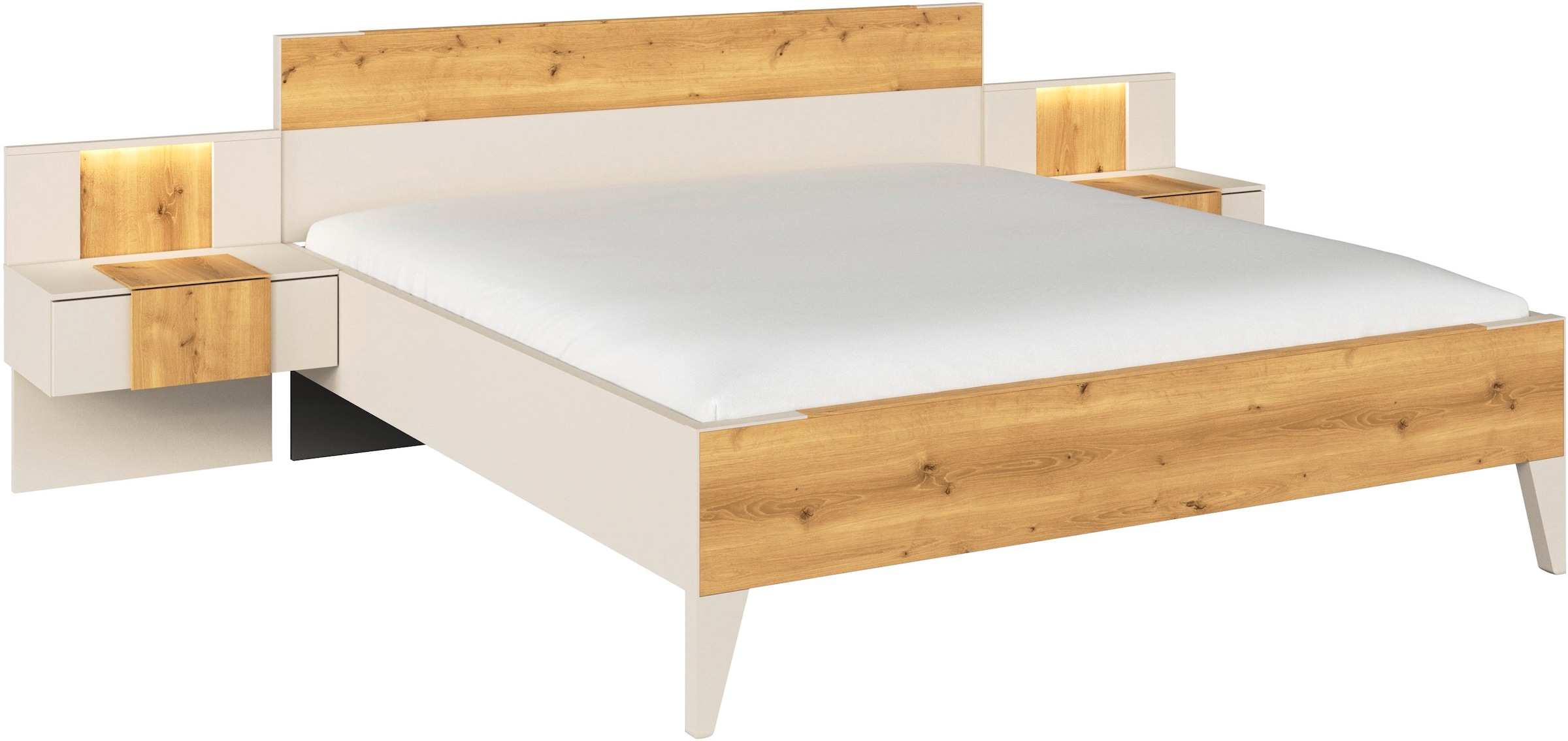 rauch Bettanlage »Bett Doppelbett Komfortbett Schlafzimmer Nachttische KONA« Set, Bett 180x200 oder 200x200, 2x Hängenachttisch, 2x Paneele mit Bel., 5 tlg. tlg. Absetzung Asteiche massiv, inkl. SOFT-CLOSE-FUNKTION MADE IN GERMANY