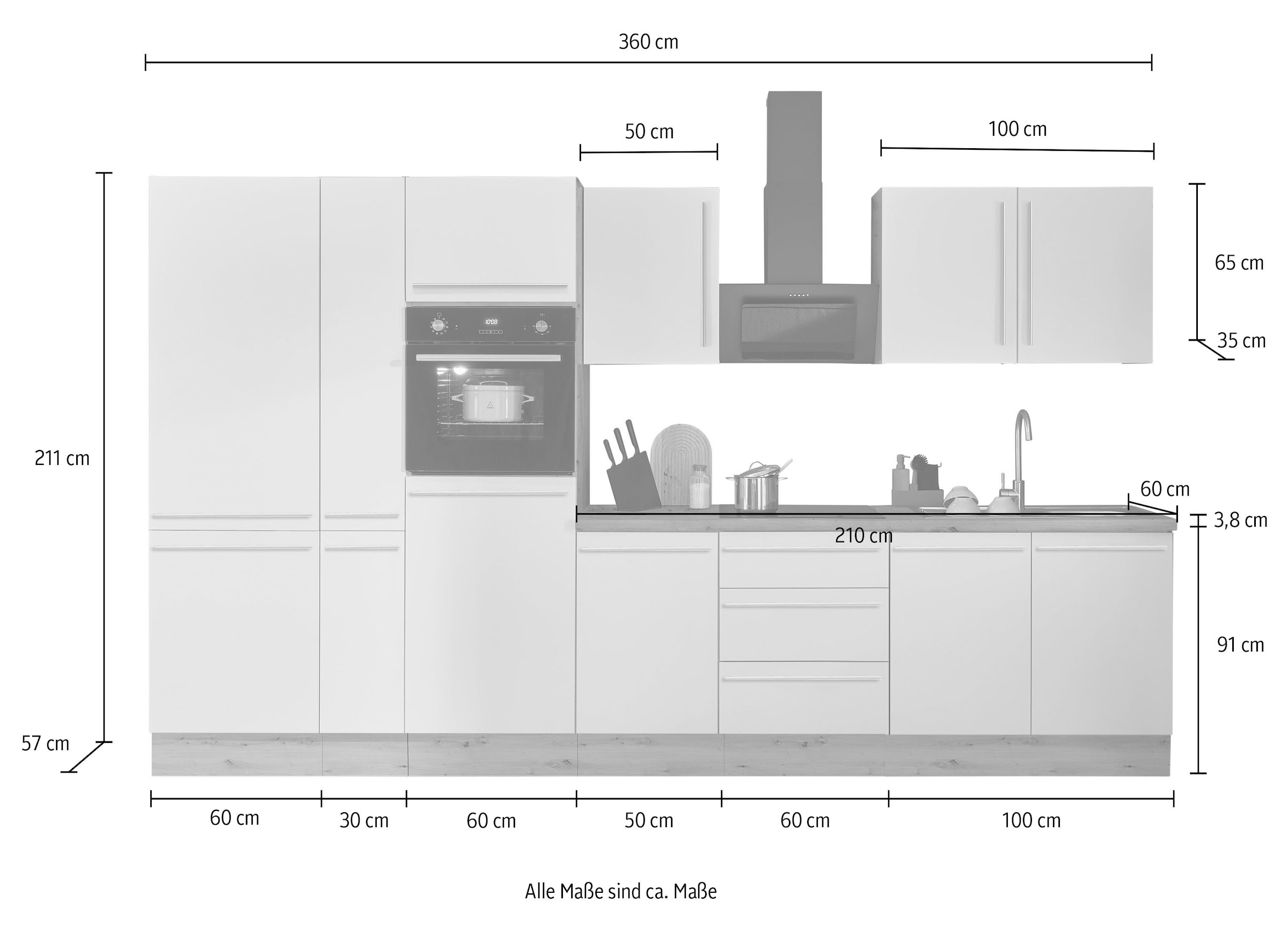 KOCHSTATION Küchenzeile »Florida«, Breite 360 cm, wahlweise mit E-Geräten,Softclose für Türen/Schubkästen