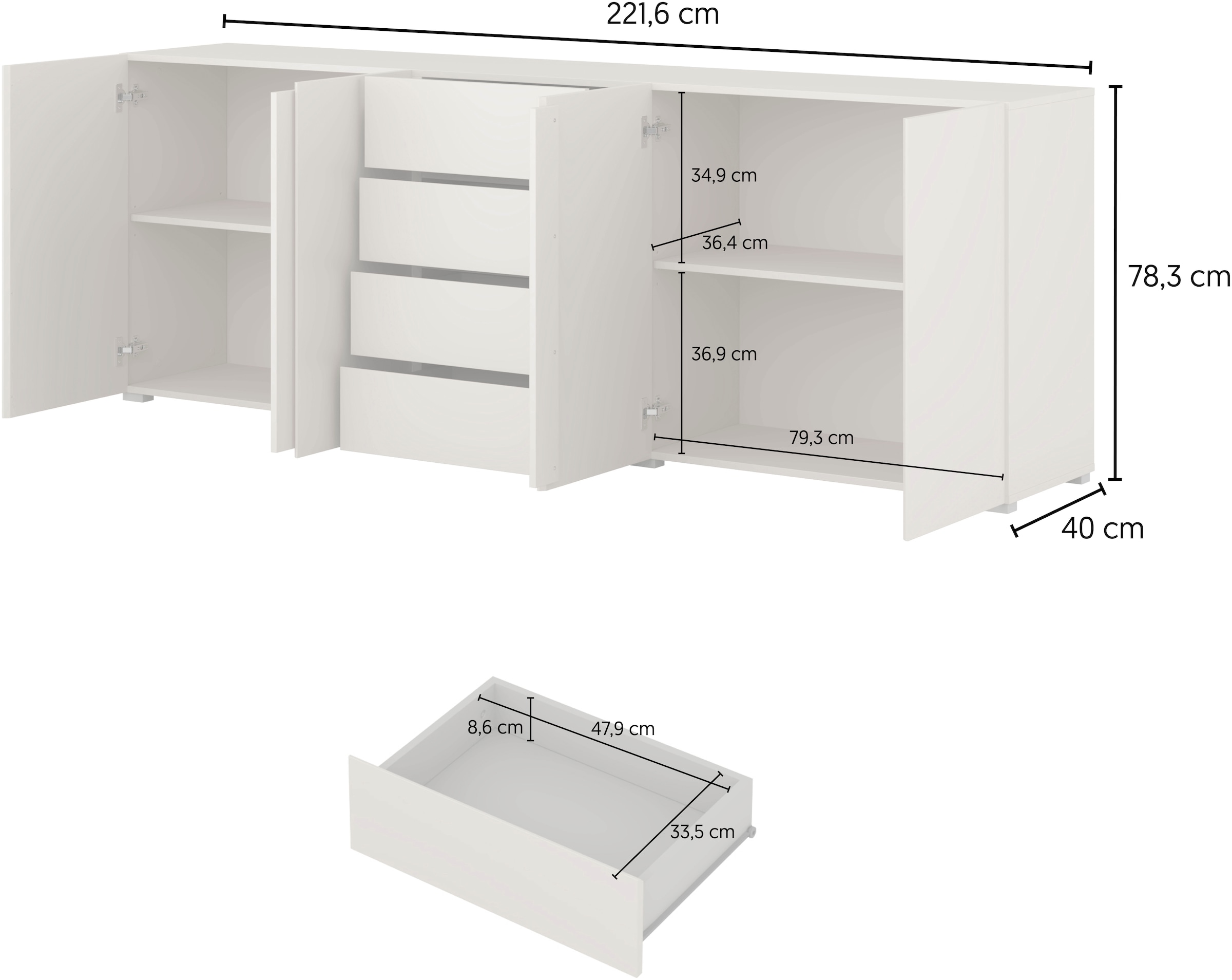 OTTO home Sideboard »Metric,Breite 222 cm, grifflose Kommode 4 Türen/4 Schubkästen« Schubladenschrank mit viel Stauraum, Einlegeböden verstellbar