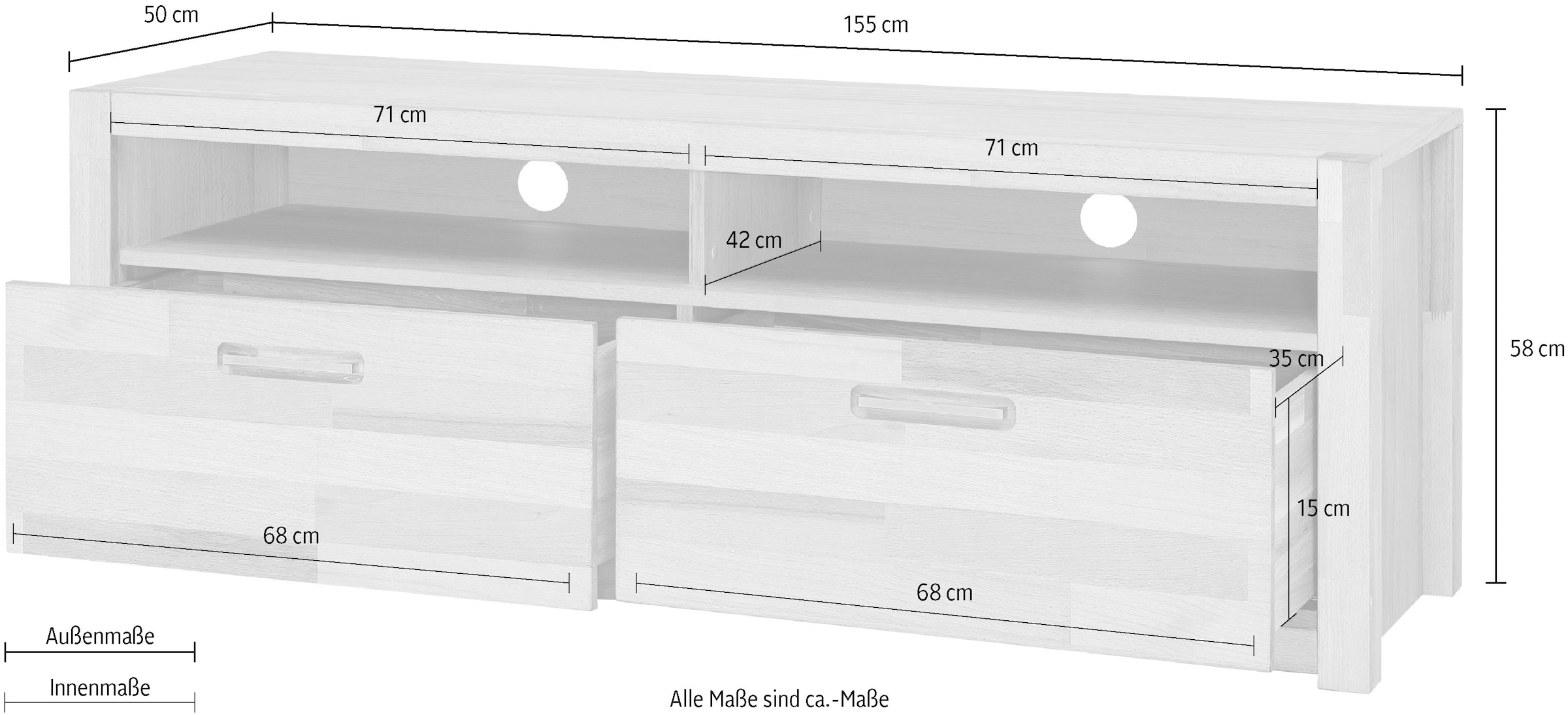 MCA living Lowboard »Fenja TV-Element, Kommode,TV-Möbel,Breite 155 cm«, (Set, 1 St., 1 Stück), Massivholz, 2 Schubkästen, 2 offene Fächer, maximale TV-Größe 60 Zoll