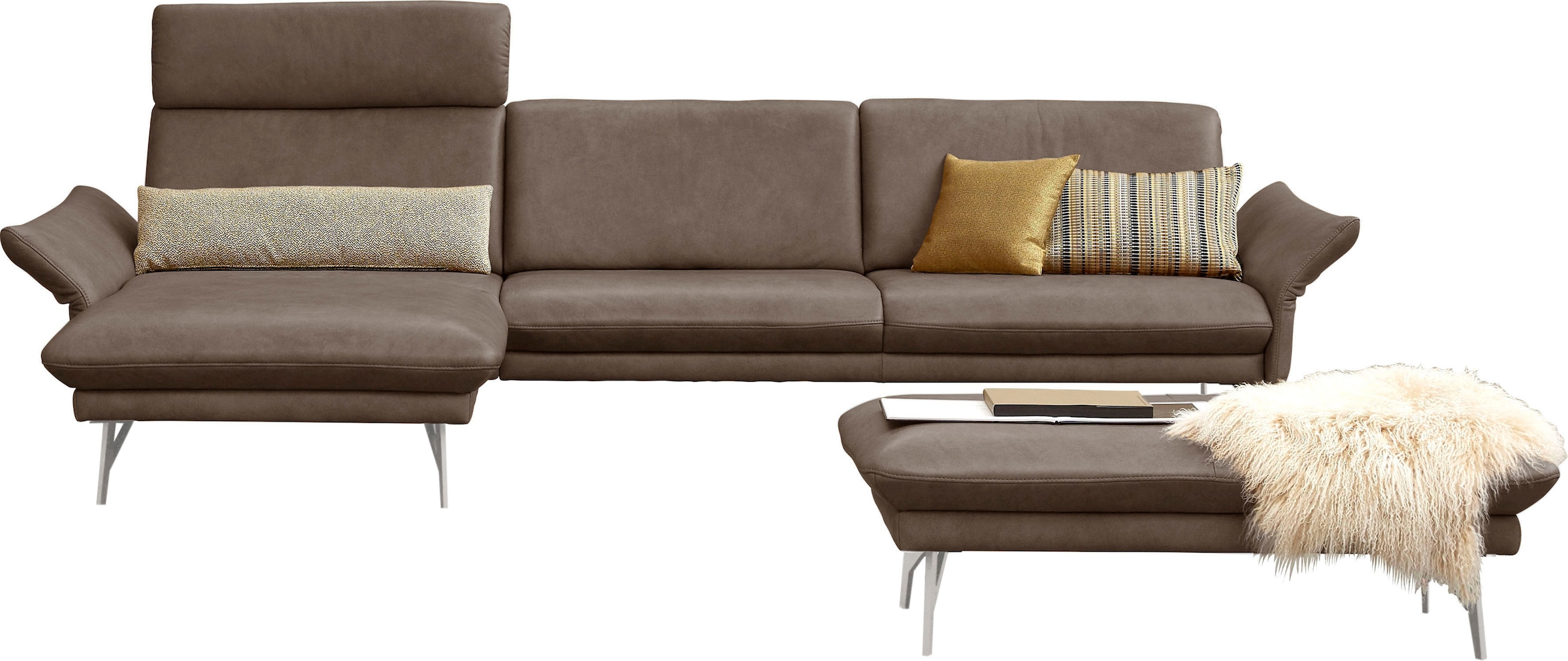 Ecksofa »1928«, (Sofa mit oder ohne Hocker auswählen!), ohne Hocker, Füße Edelstahloptik