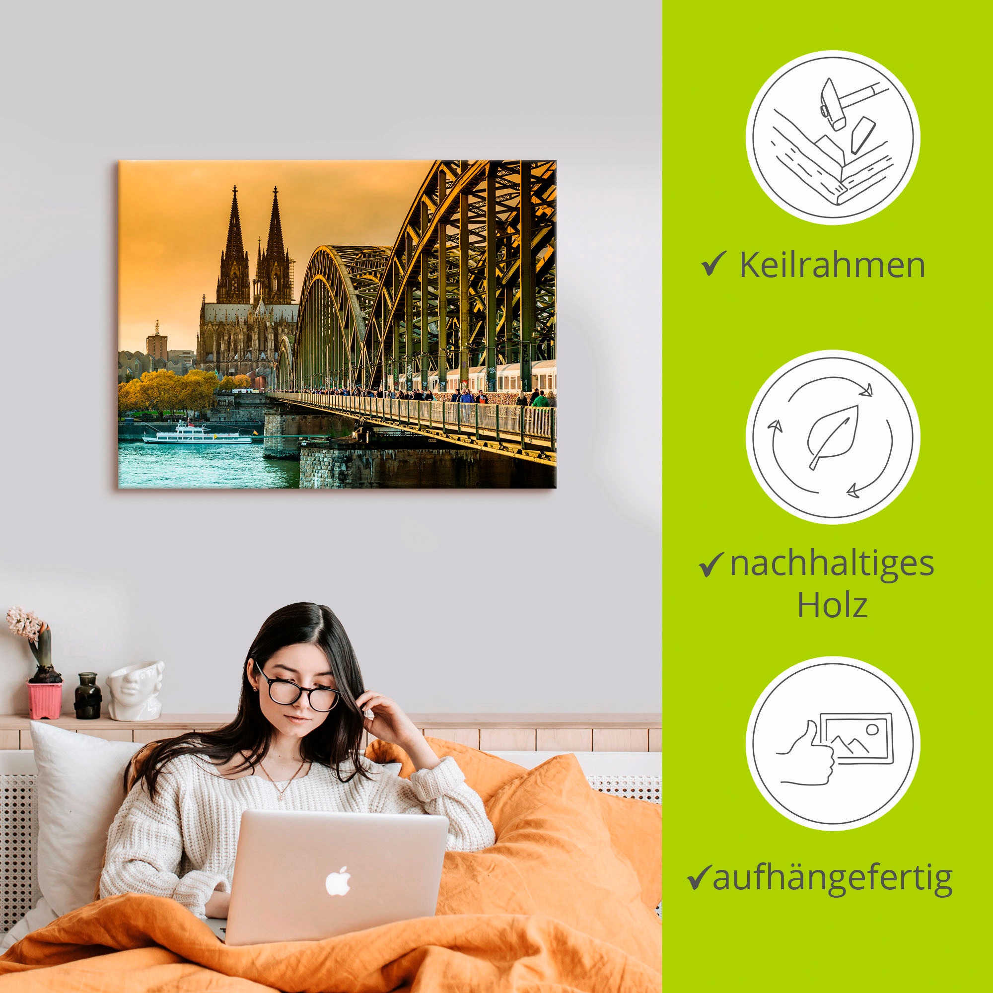 Artland Leinwandbild »Kölner Dom mit Hohenzollernbrücke«, Deutschland, (1 St.), auf Keilrahmen gespannt