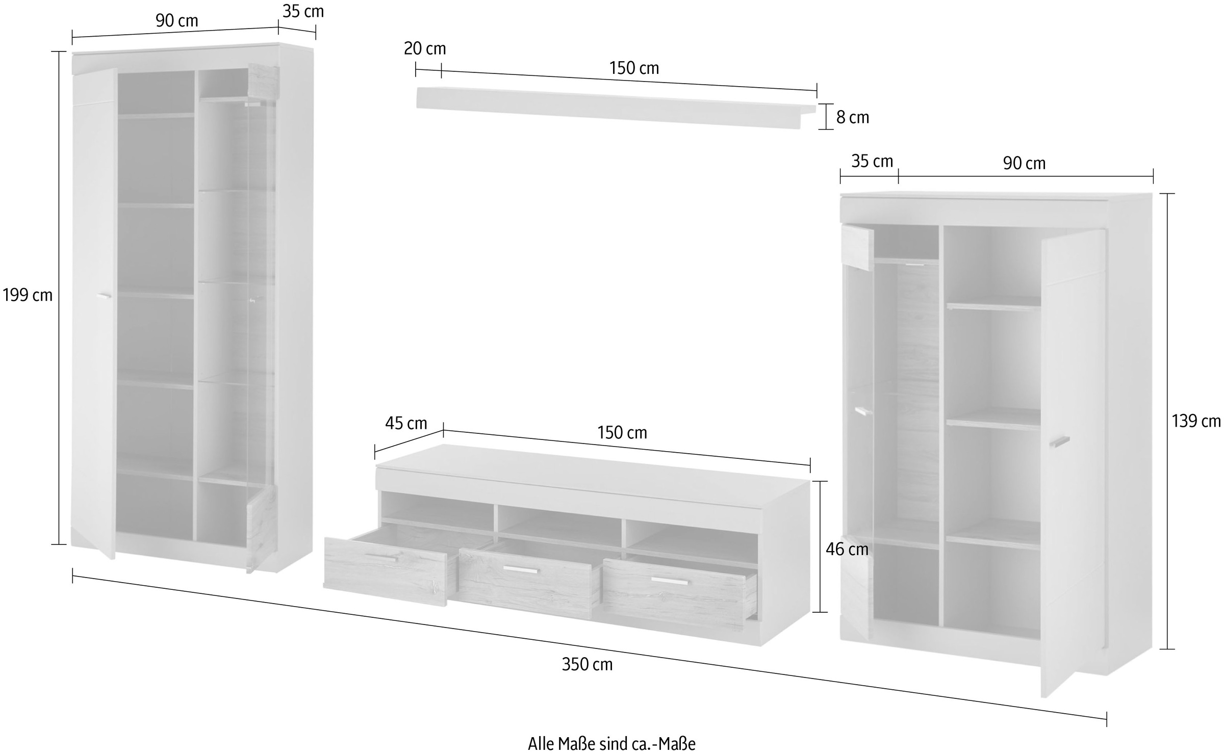 INOSIGN Wohnwand »SCARA«, (4 St.), trendige Farbe mit Applikation Zinneiche Dekor, mit Softclose-Funktion