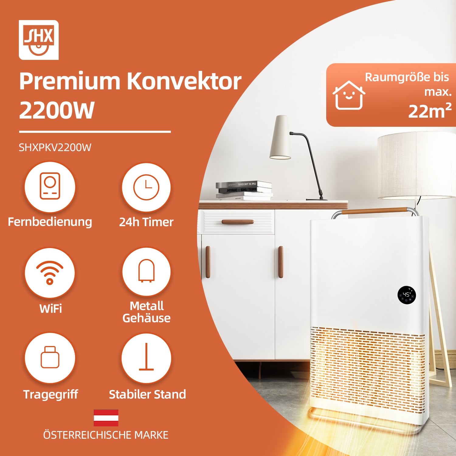 SHX Konvektor, 2200 W, Smart Home fähig (Wifi), Tragegriff