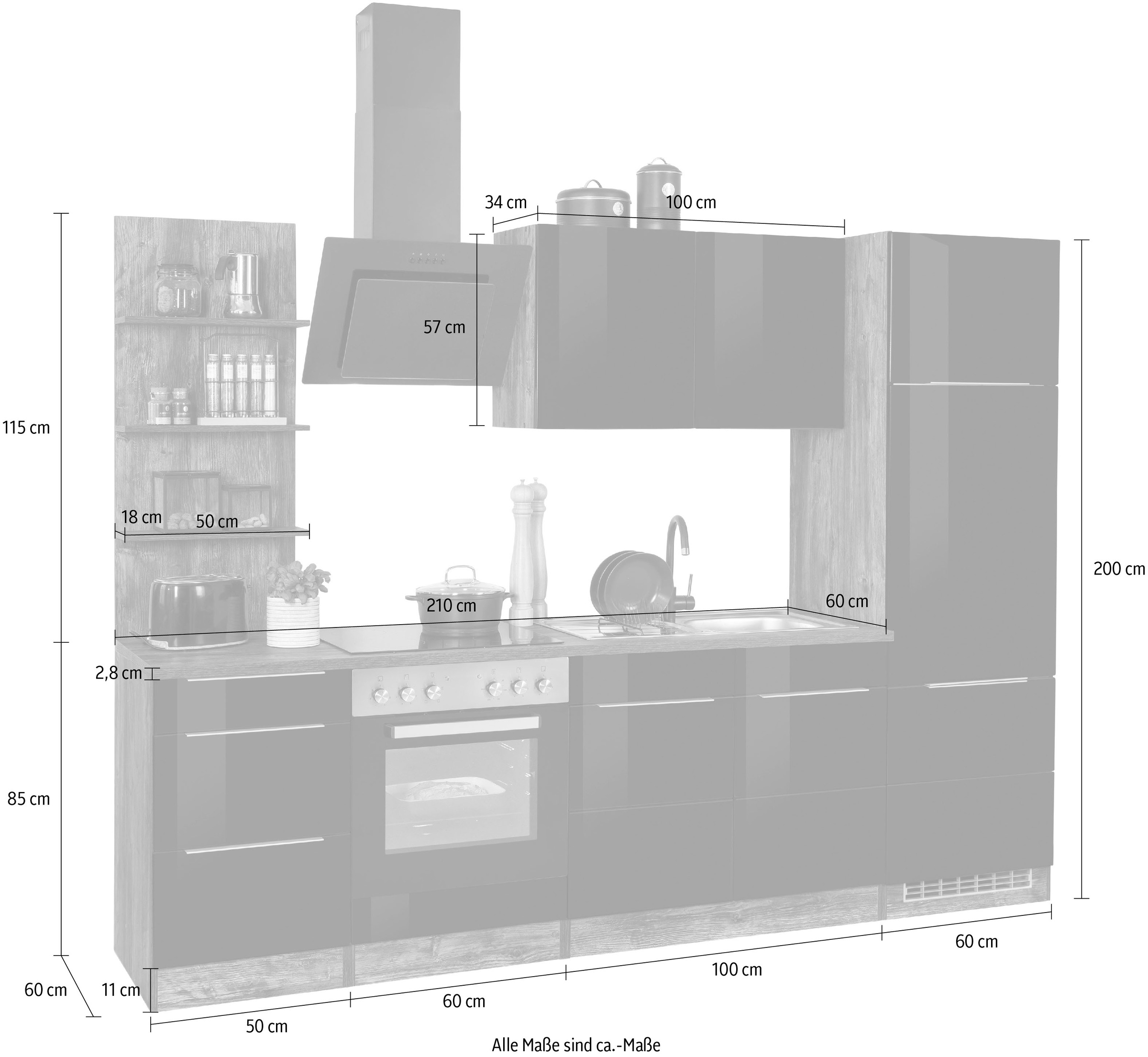 KOCHSTATION Küchenzeile »KS-Brindisi«, Breite 270 cm, wahlweise mit E-Geräten, mit MDF-Fronten und Regal