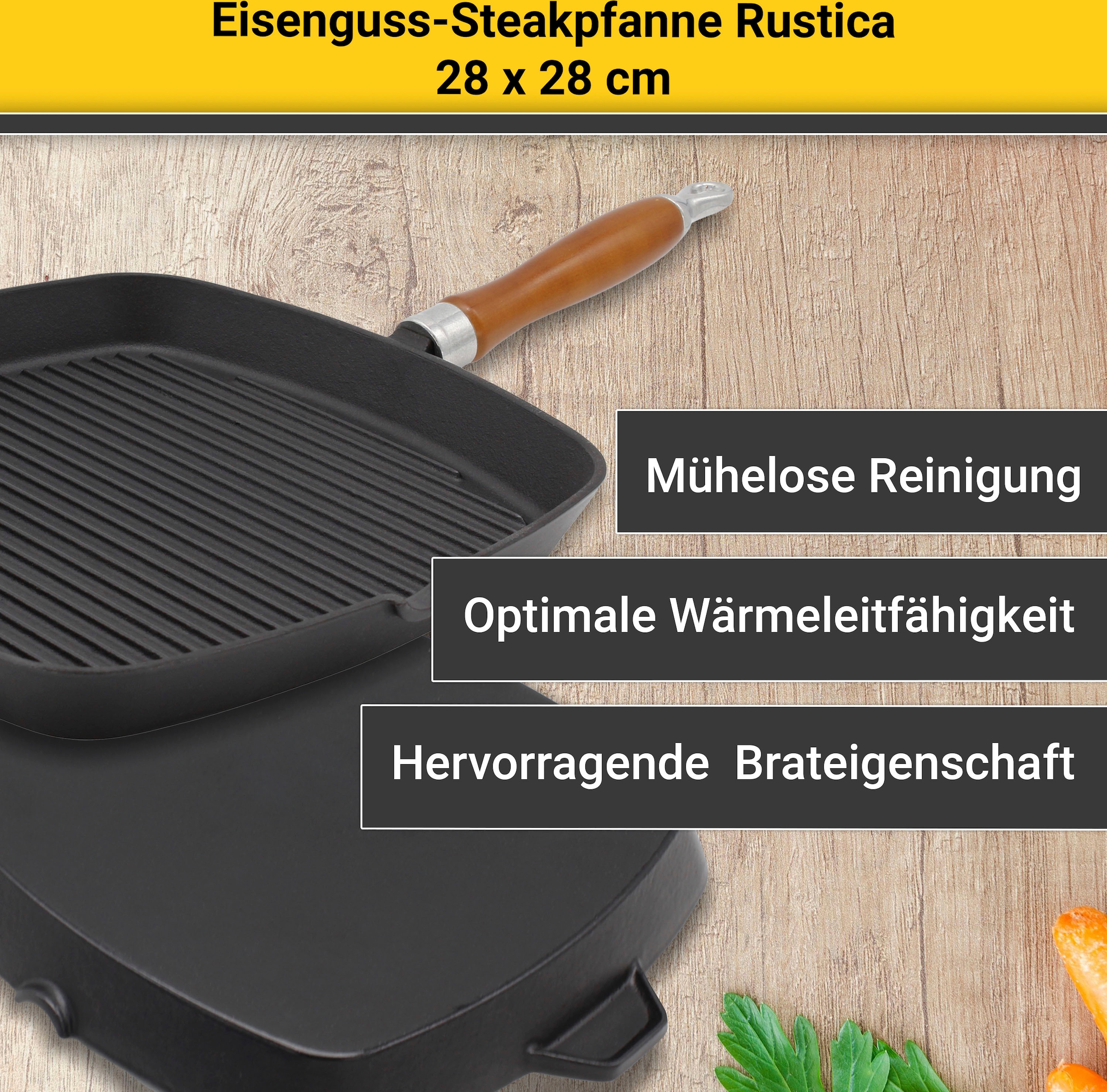 (1 Steakpfanne Induktion Krüger tlg.), Garantie 28x28 Aluminiumguss, »Rustica«, mit XXL Jahren cm, 3