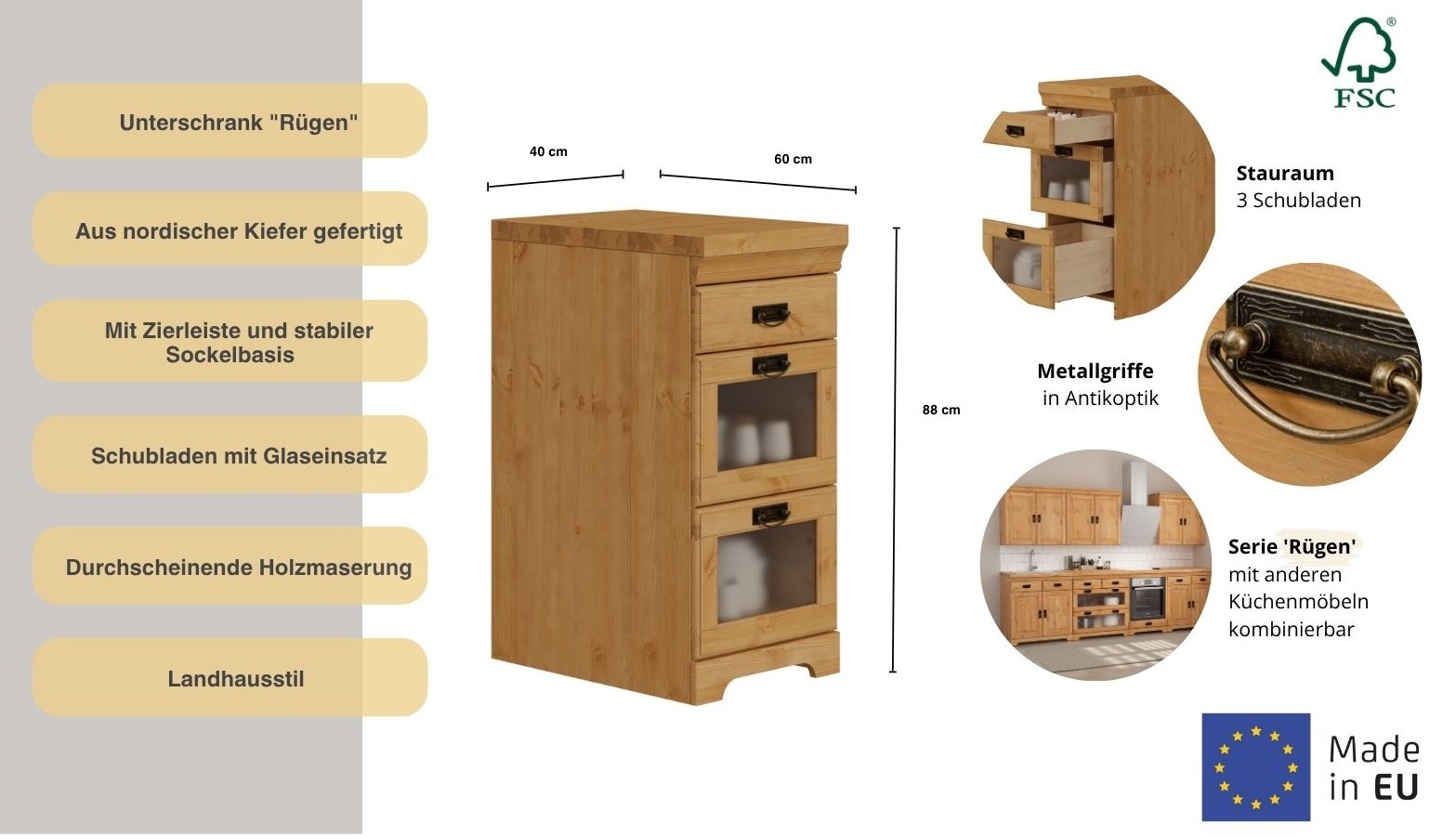 OTTO home Unterschrank »Rügen« Breite 40 cm, Kiefer massiv, Schubkästen mit Glaseinsatz
